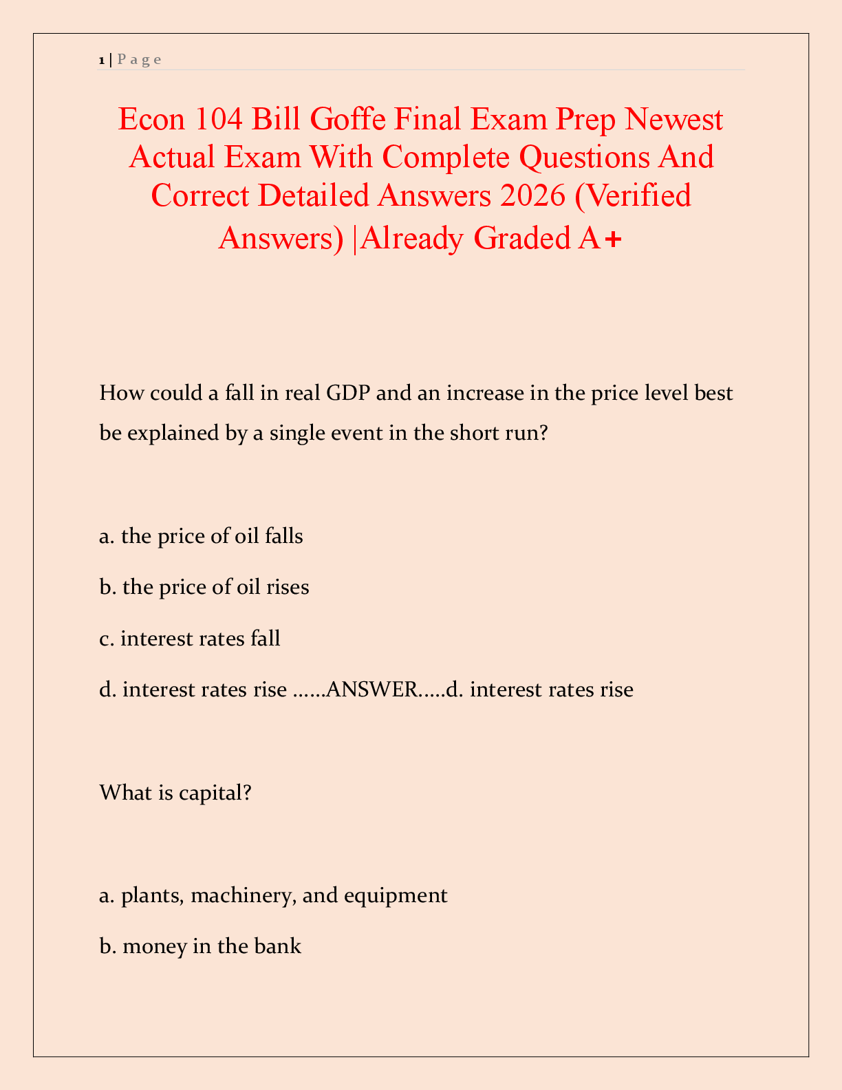 Preview of Econ 104 Bill Goffe Final Exam Study Guide: Questions and Verified Answers