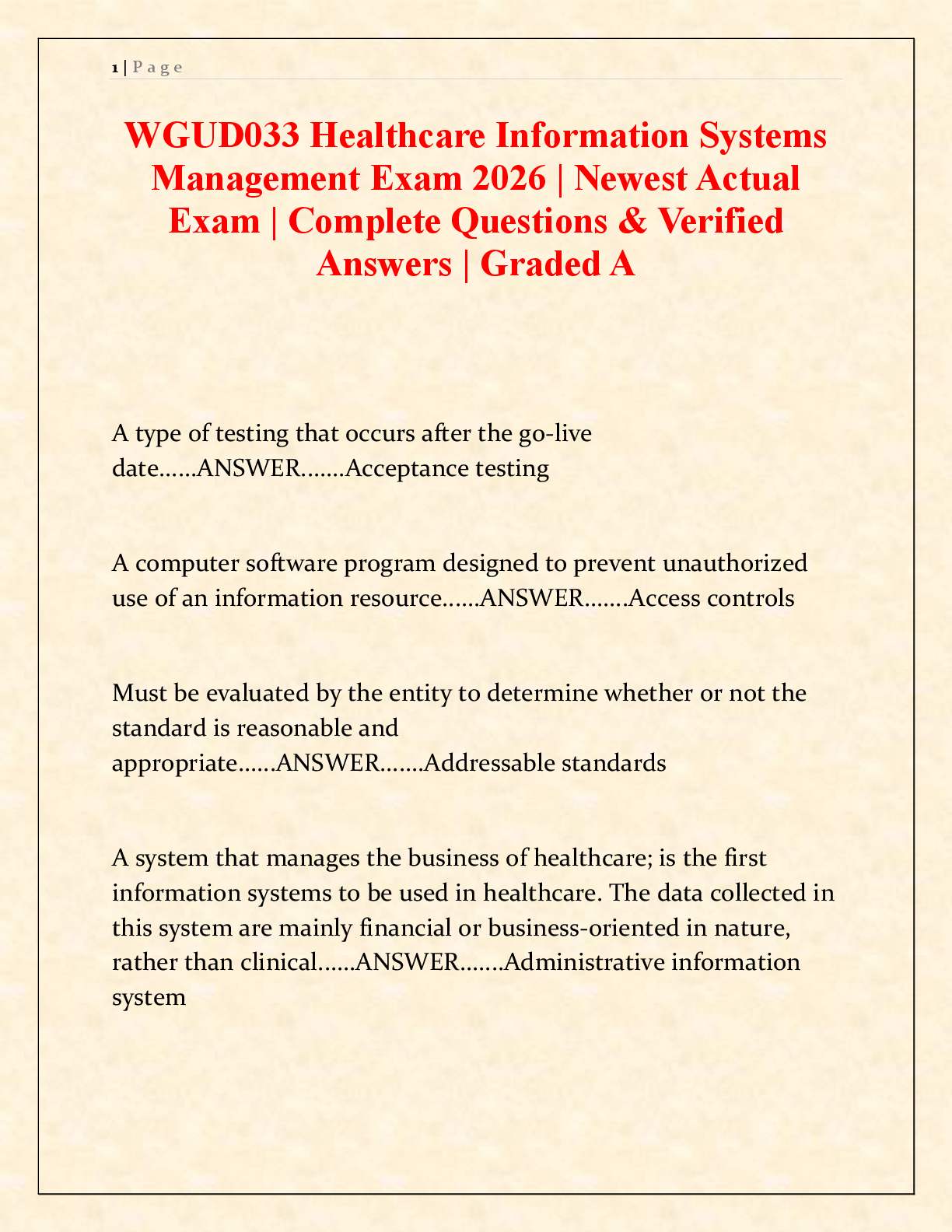 Recommended document preview for WGUD033 Healthcare Information Systems Management Exam 2026 | Newest Actual Exam | Complete Questions & Verified Answers | Graded A