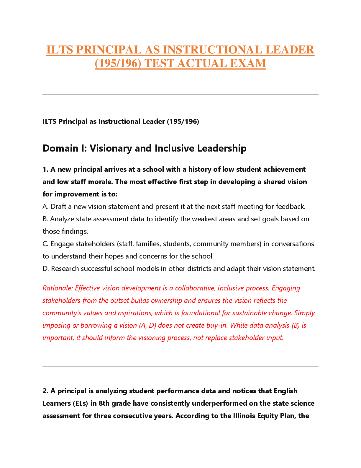 Preview image for ILTS PRINCIPAL AS INSTRUCTIONAL LEADER  (195/196) TEST ACTUAL EXAM
