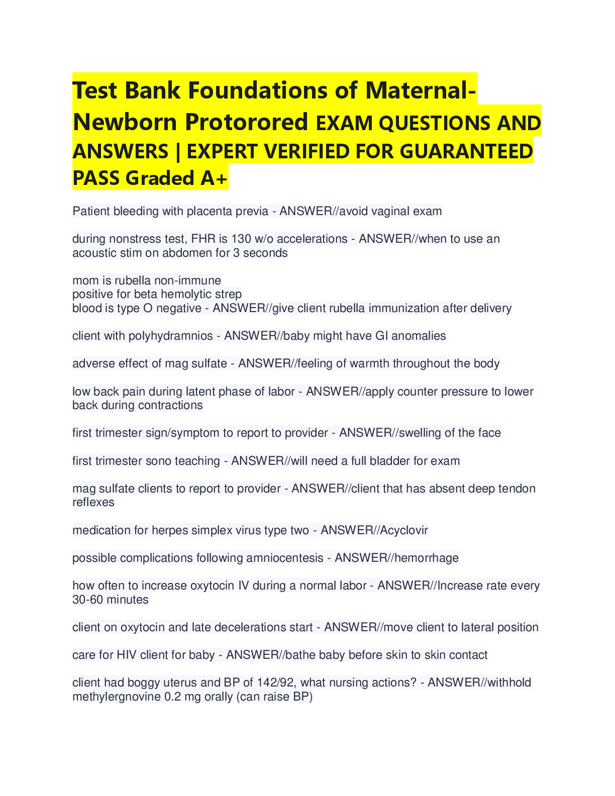 Recommended document preview for Test Bank: Foundations of Maternal-Newborn Nursing – Proctored Exam Q&A