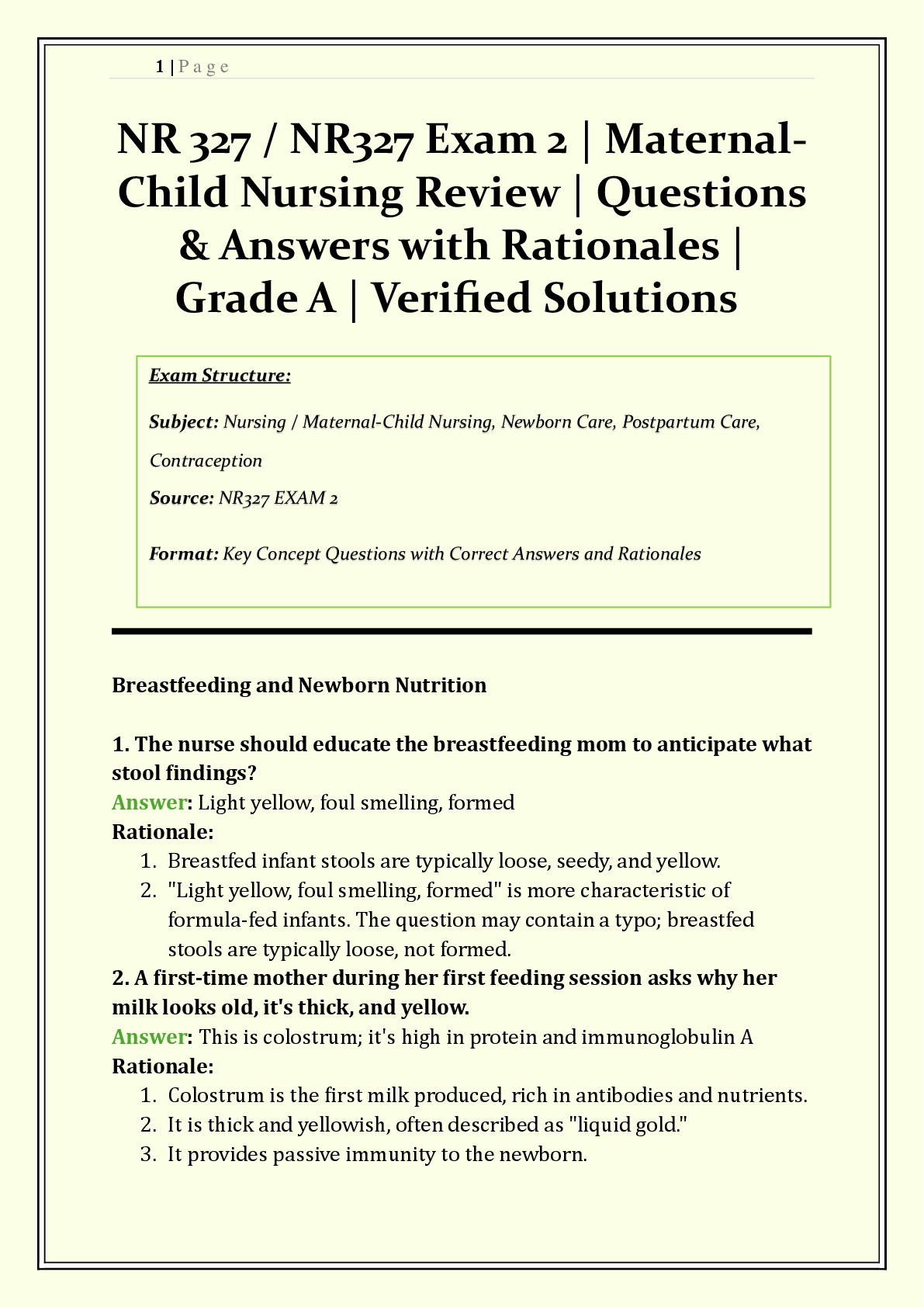 Recommended document preview for NR 327 / NR327 Exam 2 Chamberlain | 2026/2027 | Maternal-Child Nursing | Q & A with Rationales | Postpartum Assessment, Newborn Care, Fetal Monitoring  | Verified Solutions