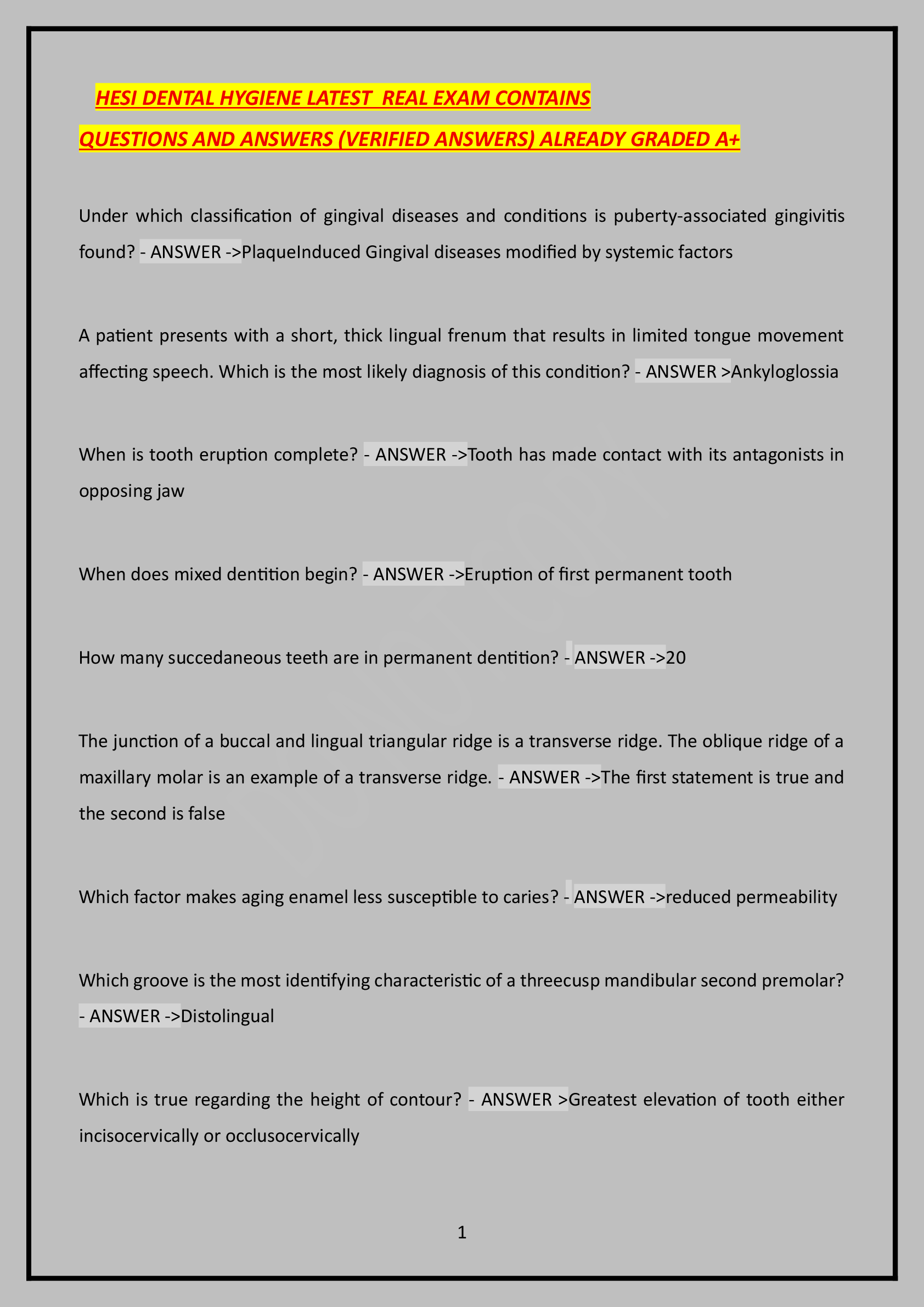 Preview of HESI DENTAL HYGIENE LATEST REAL EXAM CONTAINS QUESTIONS AND ANSWERS (VERIFIED ANSWERS) ALREADY GRADED A+