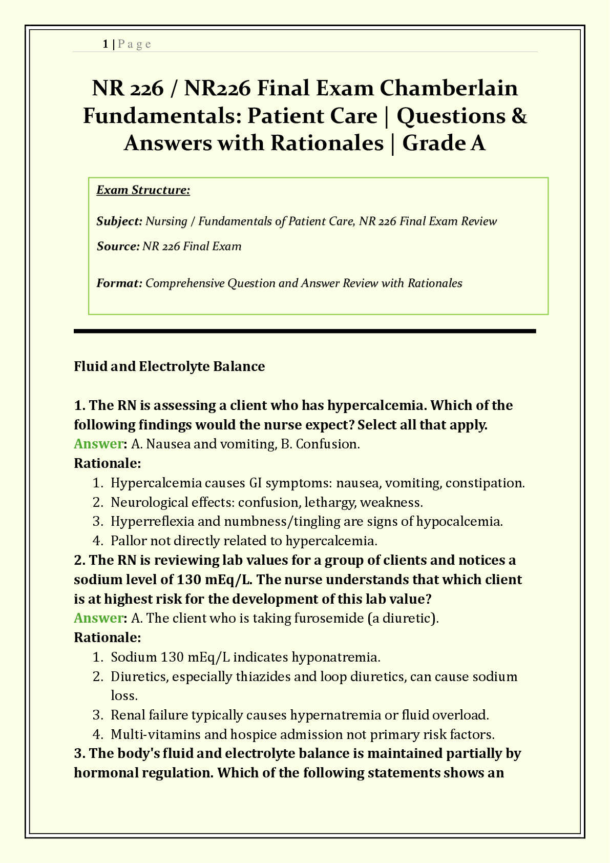 NR 226 / NR226 Final Exam Chamberlain | 2026/2027 | Fundamentals: Patient Care | Q & A with Rationales | End-of-Life Care, Fluid Balance, Post-op Complications, Infection Control  | Verified Solutions