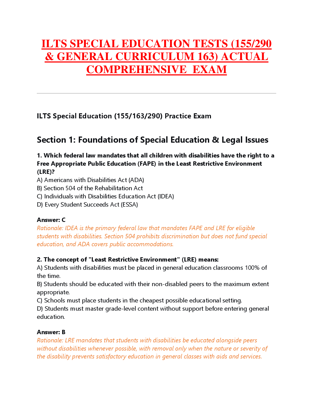 Preview image for ILTS SPECIAL EDUCATION TESTS (155/290  & GENERAL CURRICULUM 163) ACTUAL  COMPREHENSIVE  EXAM