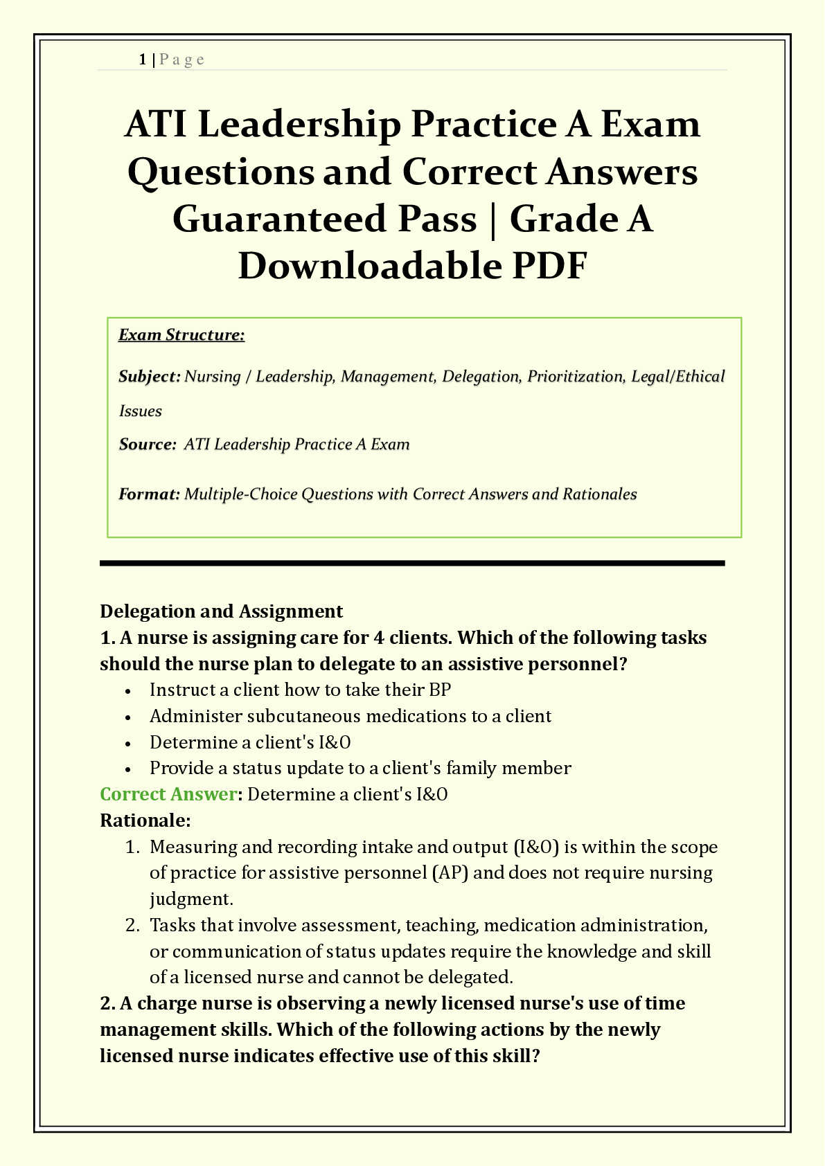 ATI Leadership Practice A Exam 2026/2027 | Questions & Answers with Rationales | Leadership Styles, Delegation, Prioritization | Verified Solutions | Guaranteed Pass