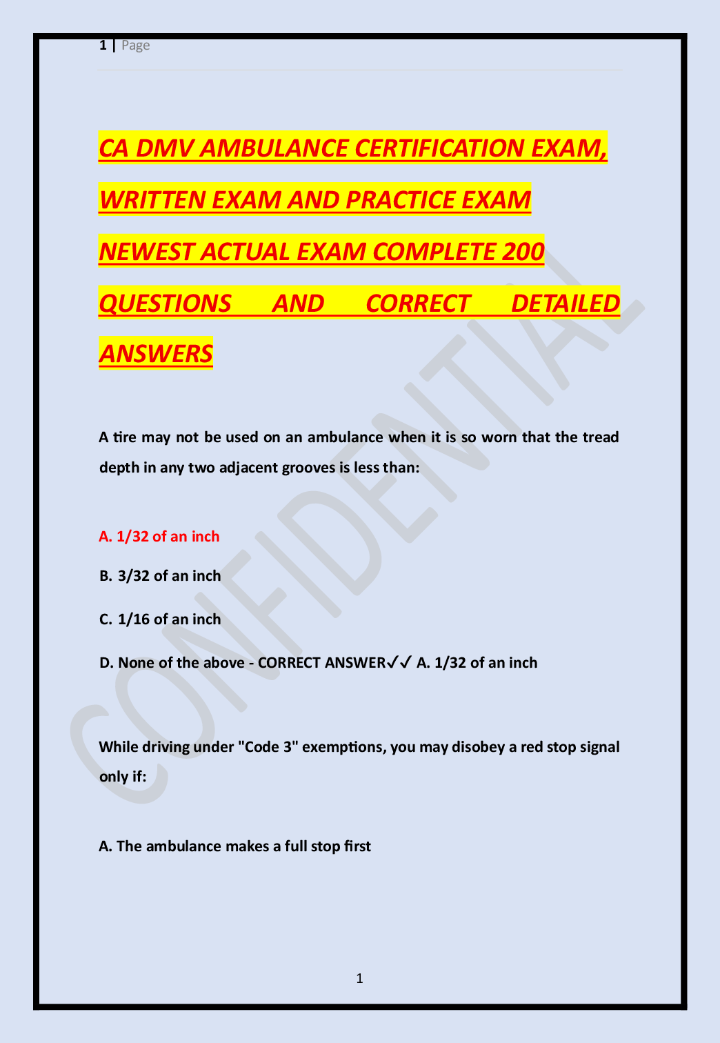 Preview of CA DMV AMBULANCE CERTIFICATION EXAM, WRITTEN EXAM AND PRACTICE EXAM NEWEST ACTUAL EXAM COM
