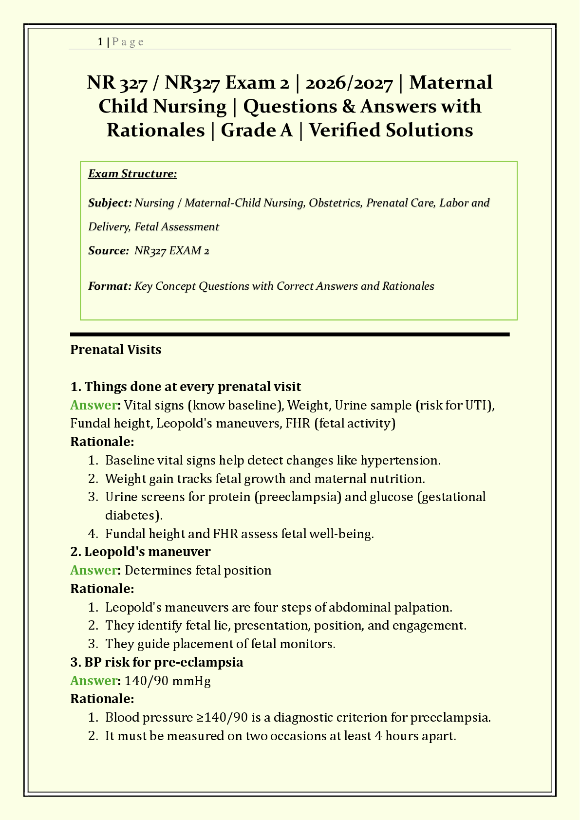 Recommended document preview for NR 327 / NR327 Exam 2 Chamberlain | 2026/2027 | Maternal-Child Nursing | Q & A with Rationales | Postpartum Assessment, Newborn Care, Labor Complications  | Verified Solutions