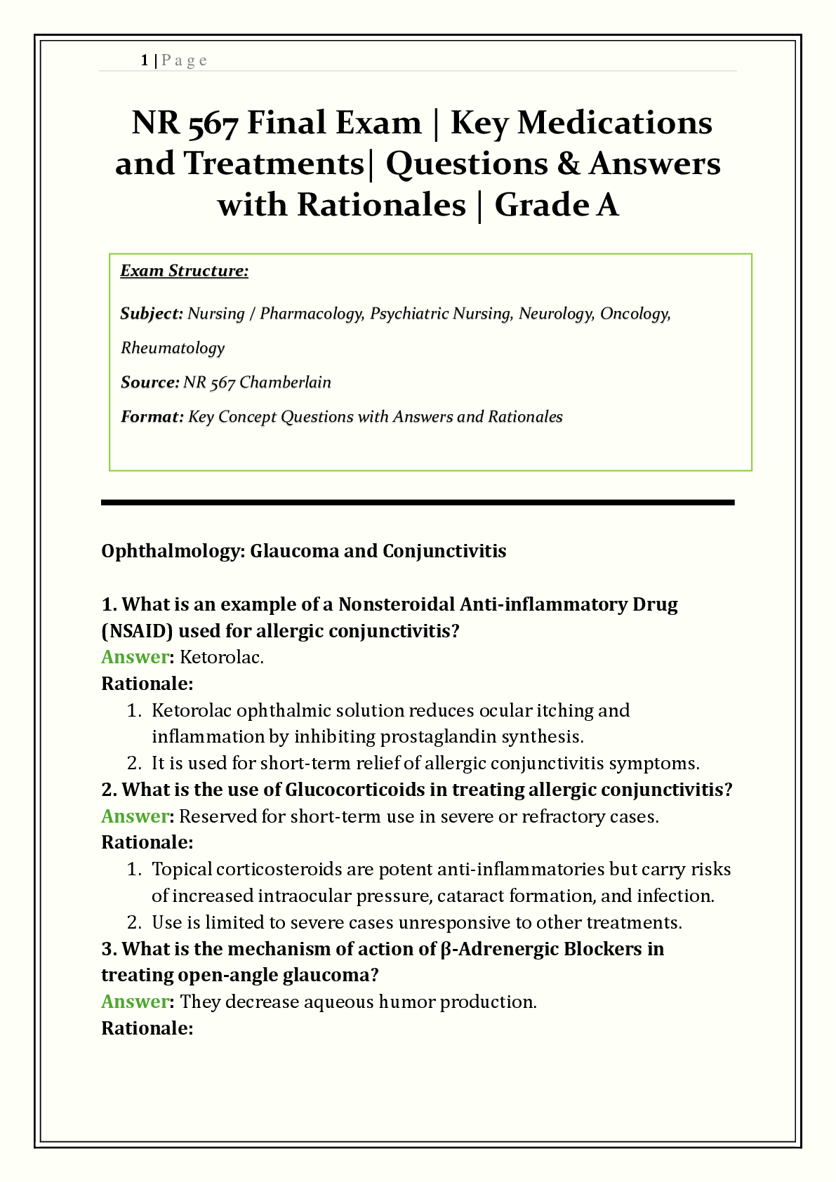 Recommended document preview for NR 567 / NR567 Final Exam Chamberlain | Advanced Pharmacology for the AGACNP | Q & A with Rationales | Cardiovascular, CNS, Emergency, Endocrine | Verified Solutions