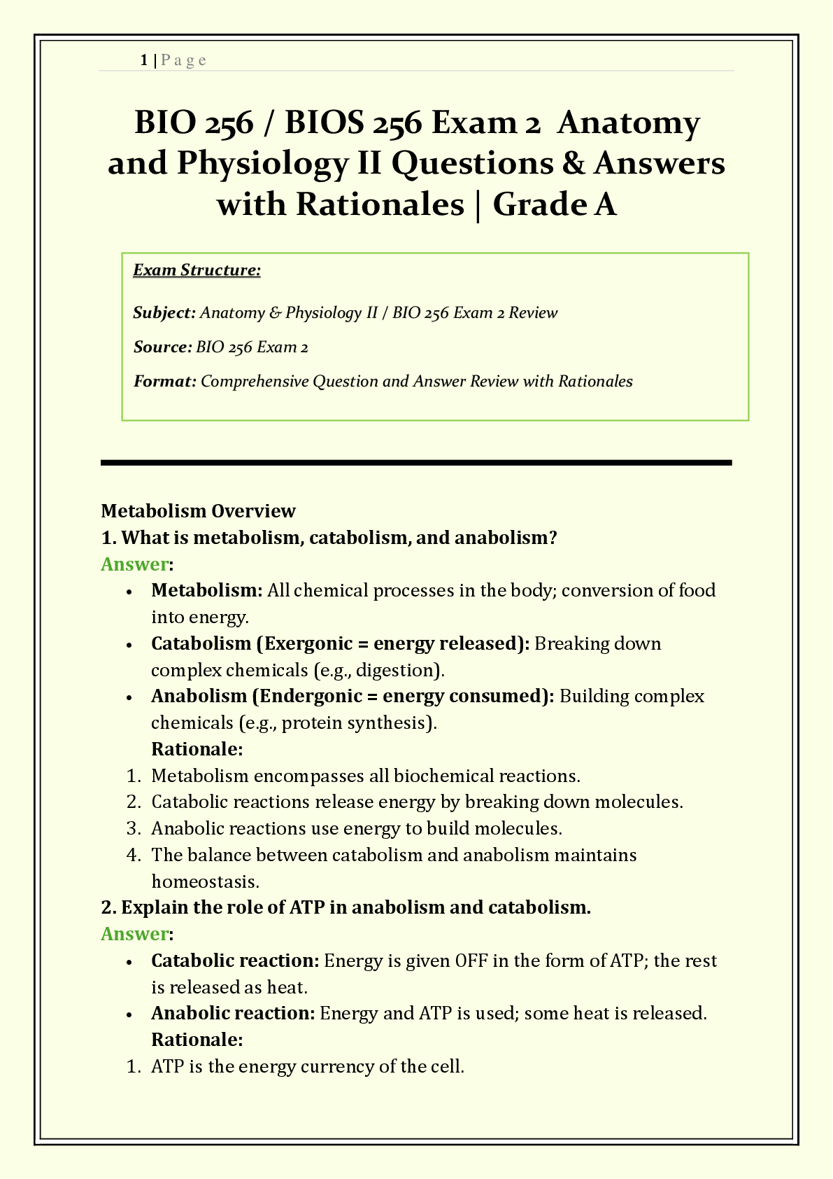 Recommended document preview for Chamberlain BIO 256 / BIOS 256 Exam 2 | 2026/2027 | Anatomy and Physiology II | Q & A with Rationales | Metabolism, Nephron, Endocrine Regulation | Grade A+