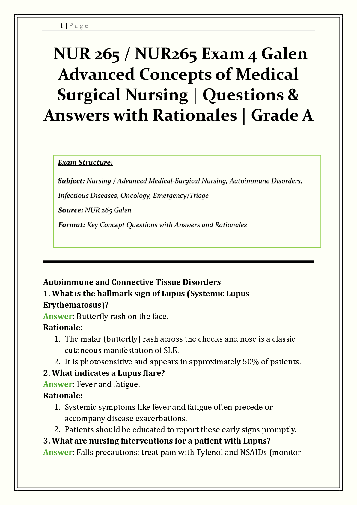 Recommended document preview for NUR 265 / NUR265 Exam 4 Galen | Advanced Concepts of Medical-Surgical Nursing | Q & A with Rationales | HIV/AIDS, Autoimmune Disorders, Organ Transplants, Emergency Triage | Verified Solutions