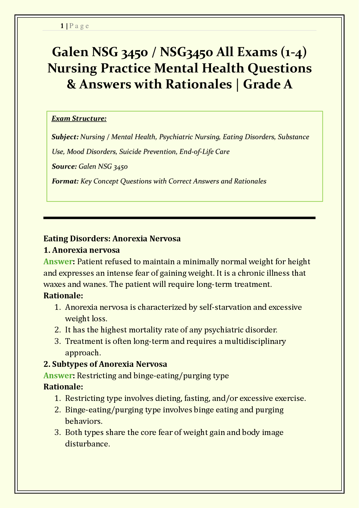 Recommended document preview for NSG 3450 / NSG3450 All Exams (1-4) Bundle 2026/2027 | Galen Nursing Practice – Mental Health | Q & A with Rationales | Foundations, Therapeutic Communication, Anxiety, Psychopharmacology, Personality Disorders | Grade A+ |
