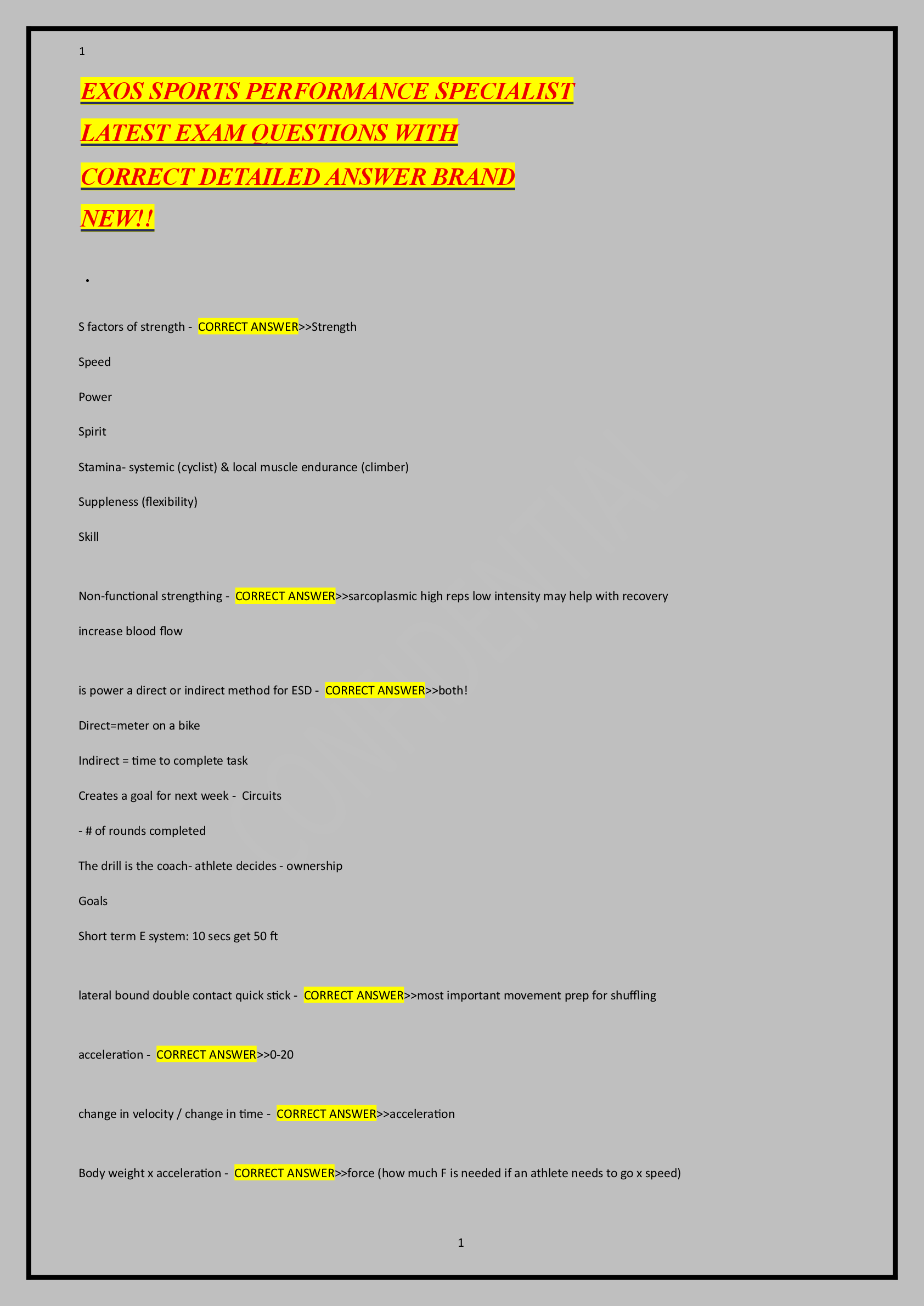 Preview of EXOS SPORTS PERFORMANCE SPECIALIST LATEST EXAM QUESTIONS WITH CORRECT DETAILED ANSWER BRAND NEW!!