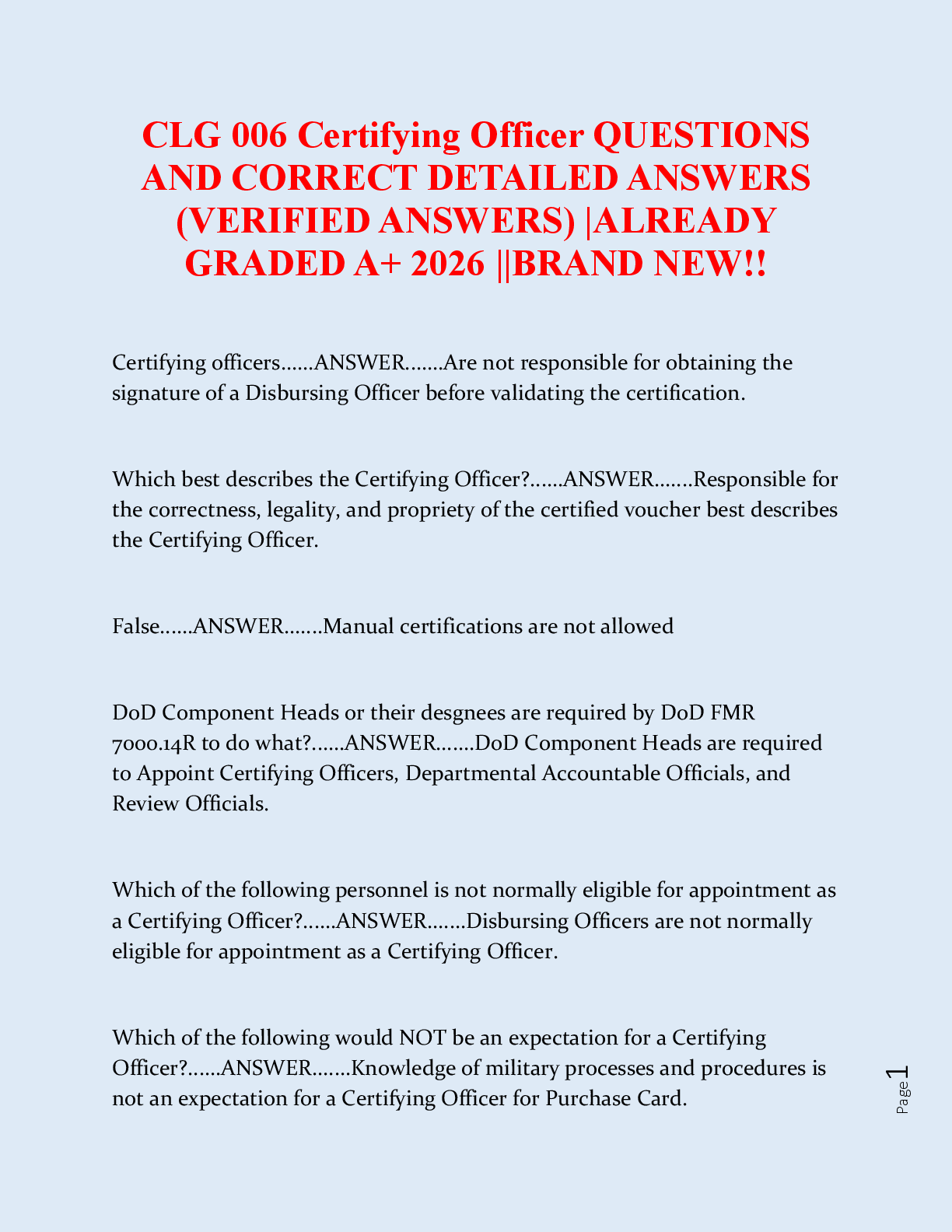 Recommended document preview for CLG 006 Certifying Officer Exam Study Guide: Questions and Verified Answers,