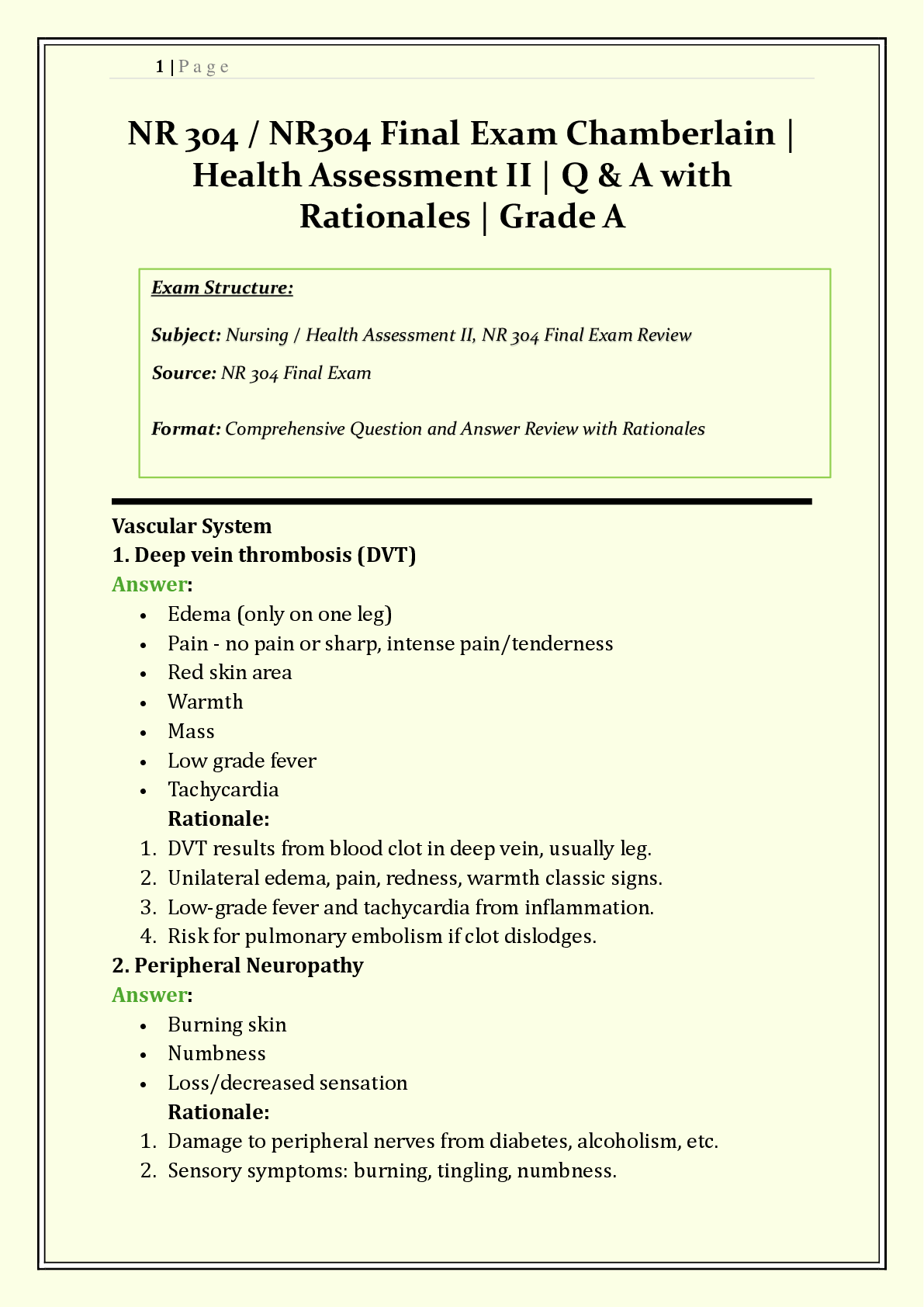 Recommended document preview for NR 304 / NR304 Final Exam Chamberlain  |  2026/2027 | Health Assessment II | Q & A with Rationales | Cardiovascular, Abdominal, Neurological | Verified Solutions