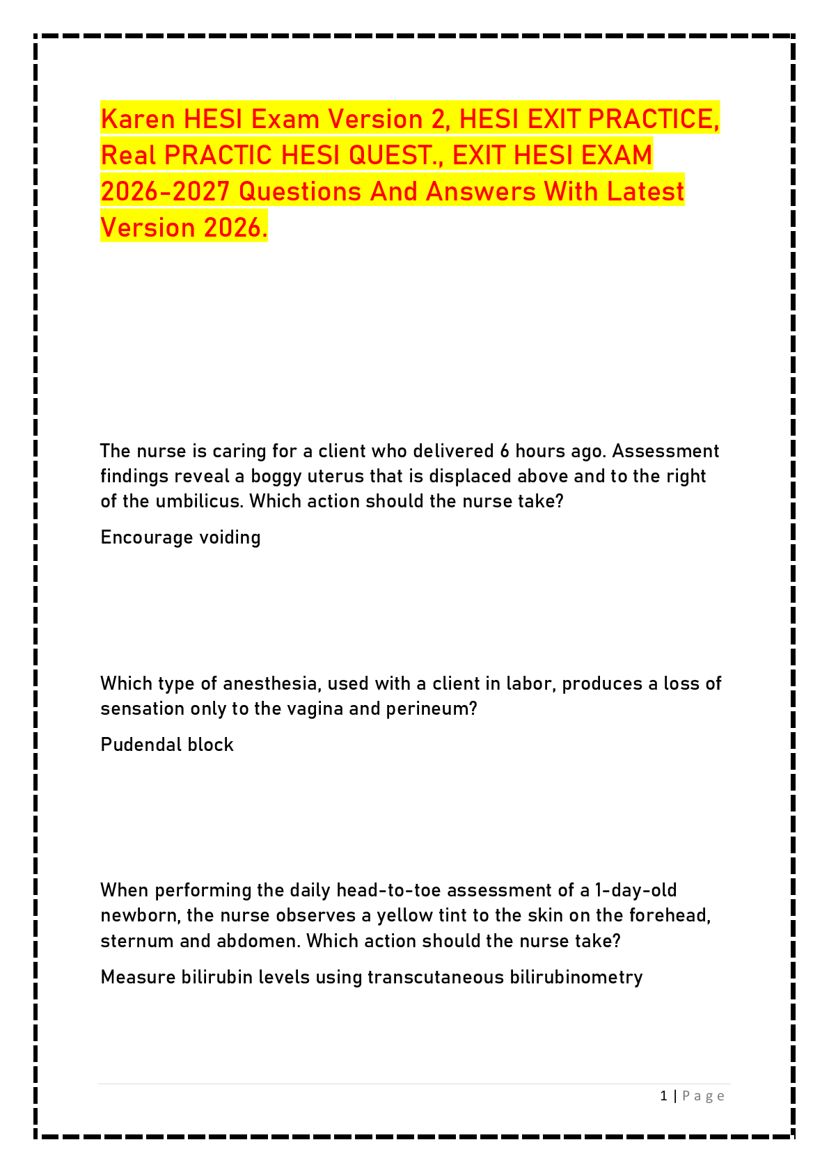 Recommended document preview for Karen HESI Exam Version 2, HESI EXIT PRACTICE, Real PRACTIC HESI QUEST., EXIT HESI EXAM 2026-2027 Questions And Answers With Latest Version 2026.