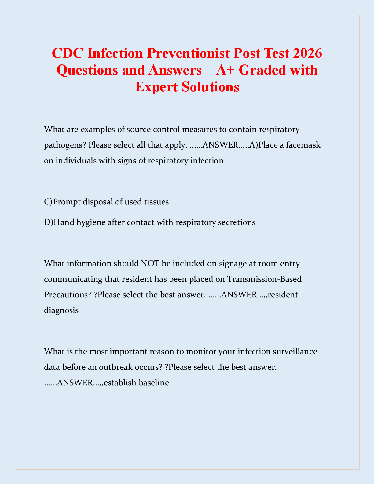 Recommended document preview for CDC Infection Preventionist Post Test Study Guide: Questions and Answers