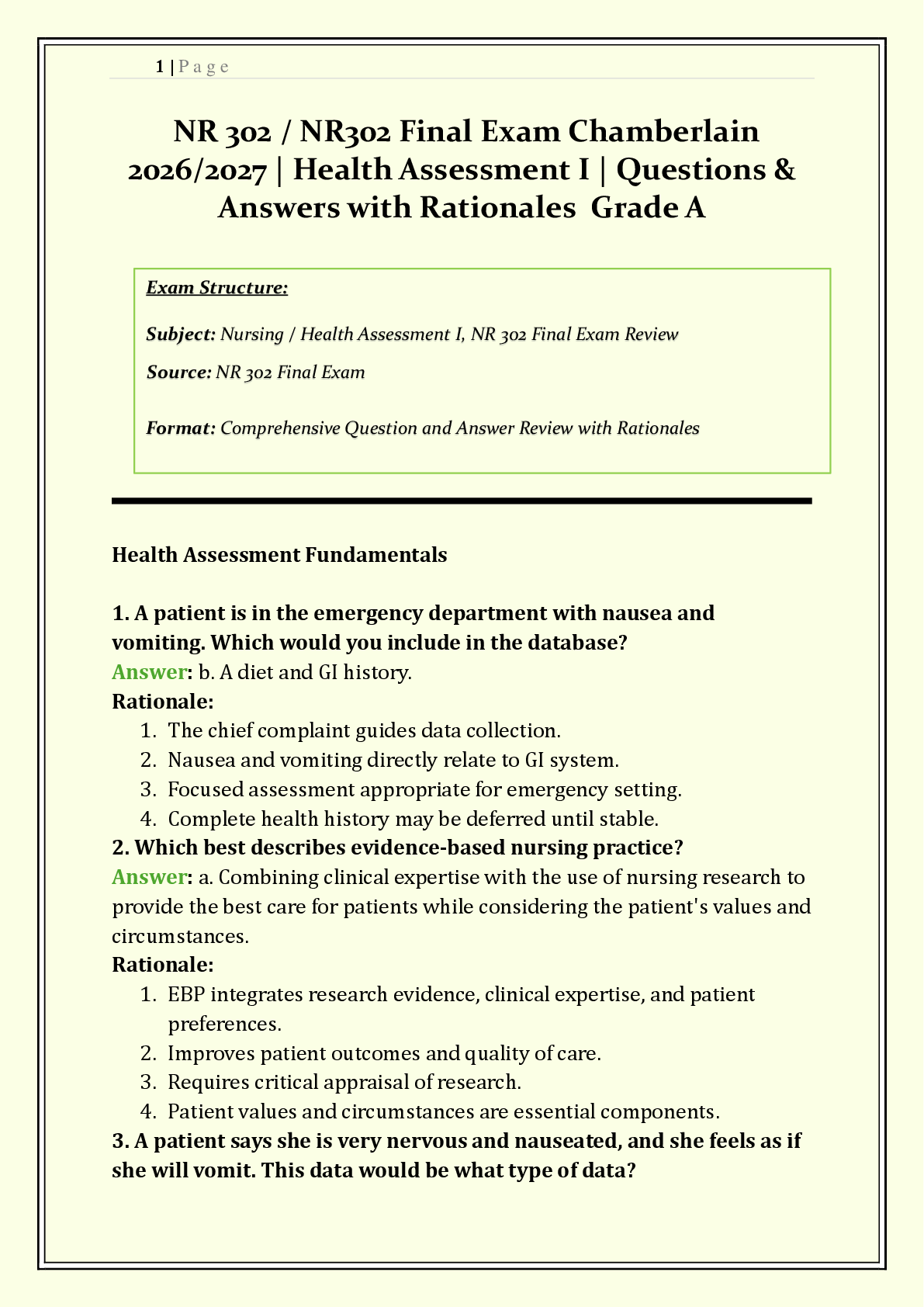 NR 302 / NR302 Final Exam Chamberlain | 2026/2027 | Health Assessment I | Q & A with Rationales | Evidence-Based Assessment, Vital Signs, Cultural Competency | Verified Solutions