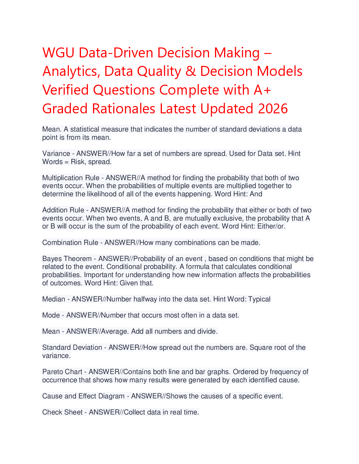 Recommended document preview for WGU Data-Driven Decision Making – Analytics, Data Quality & Decision Models Study Guide