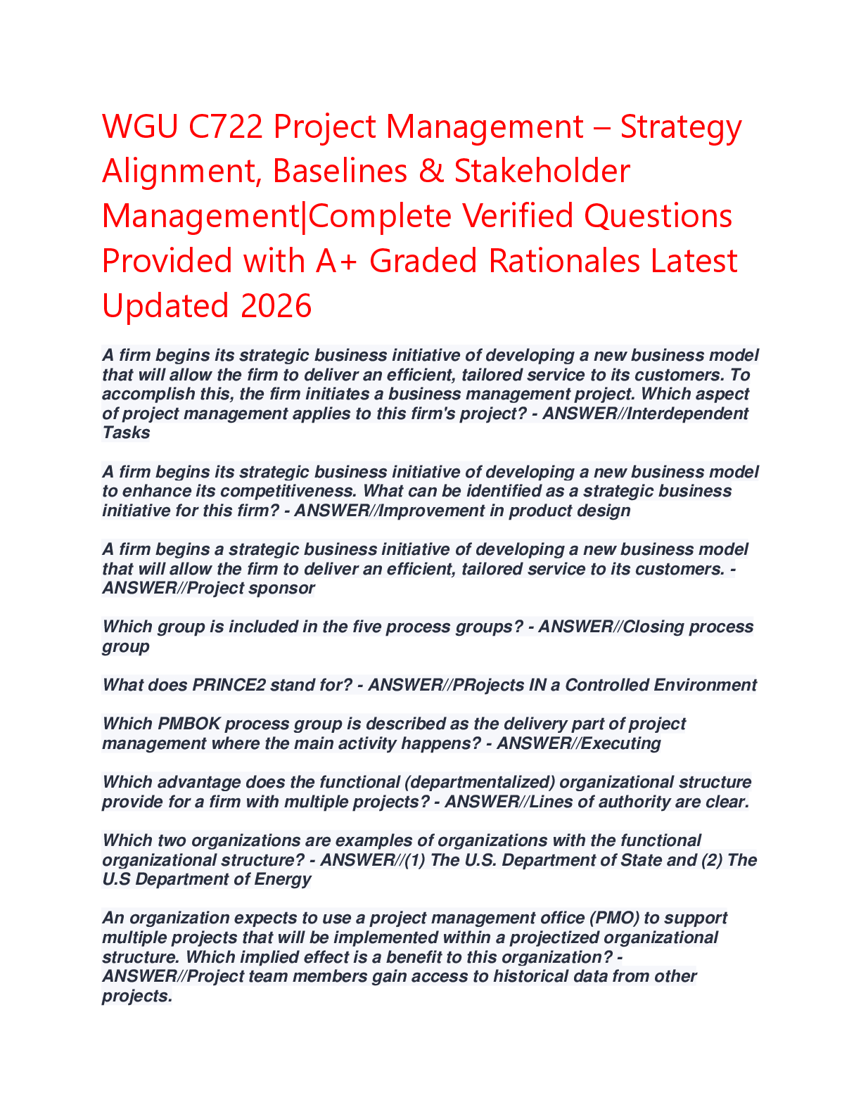 Recommended document preview for WGU C722 Project Management – Study Guide & Objective Assessment Review
