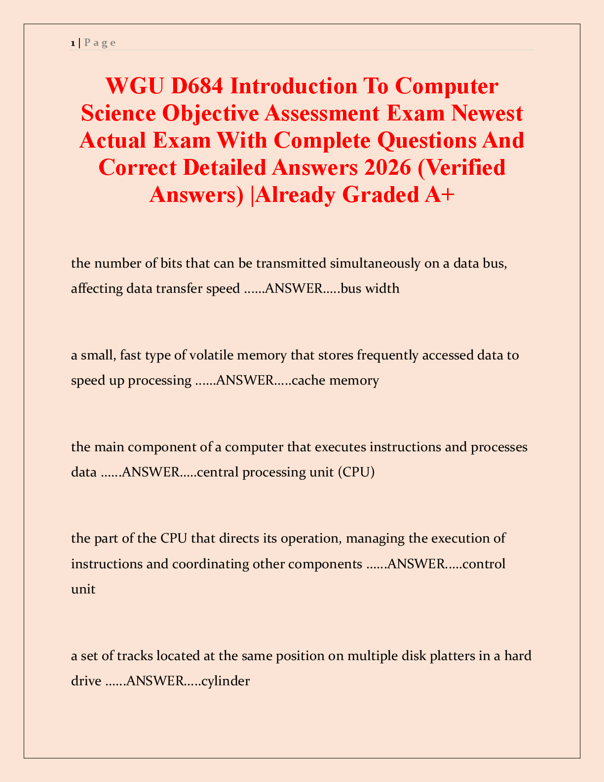WGU D684 Introduction To Computer Science Objective Assessment Exam Newest Actual Exam With Complete Questions And Correct Detailed Answers 2026 (Verified Answers) | Already Graded A+
