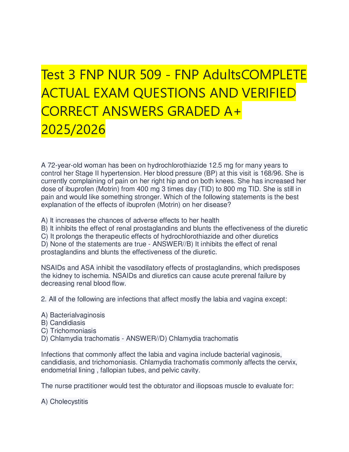 Recommended document preview for Test Bank: Family Nurse Practitioner (FNP) NUR 509 – Comprehensive Exam Q&A