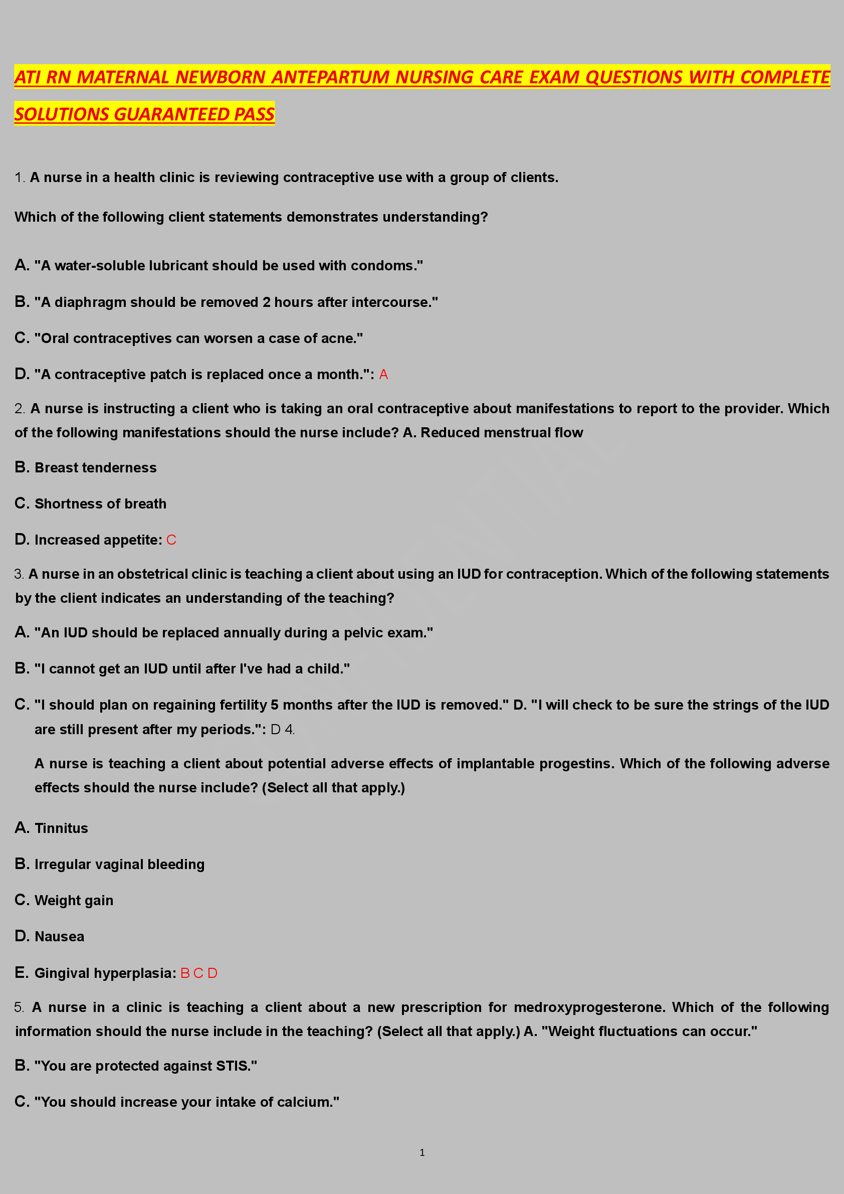 Preview of ATI RN MATERNAL NEWBORN ANTEPARTUM NURSING CARE EXAM QUESTIONS WITH COMPLETE SOLUTIONS GUA