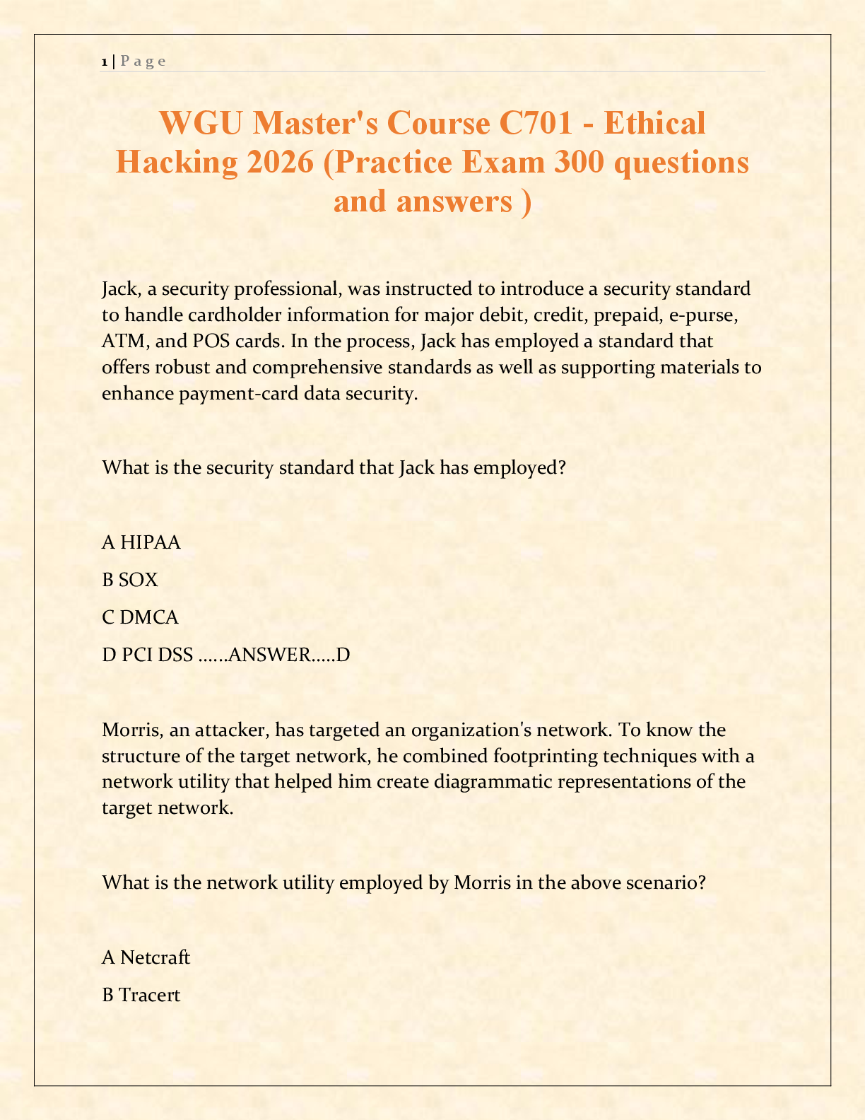Recommended document preview for WGU Master's Course C701 - Ethical Hacking 2026 (Practice Exam 300 questions and answers)