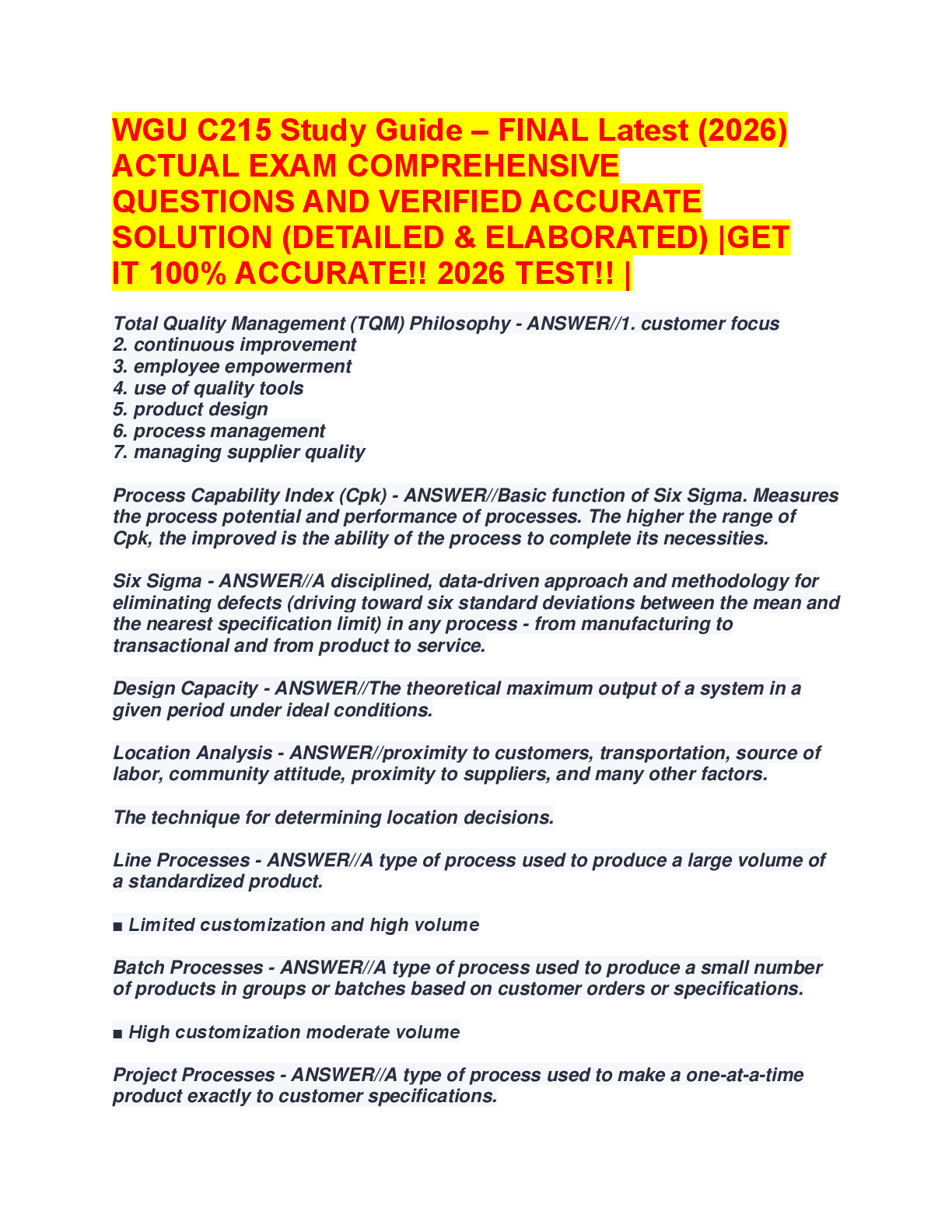 Recommended document preview for WGU C215 Operations Management – Study Guide & Final Exam Review