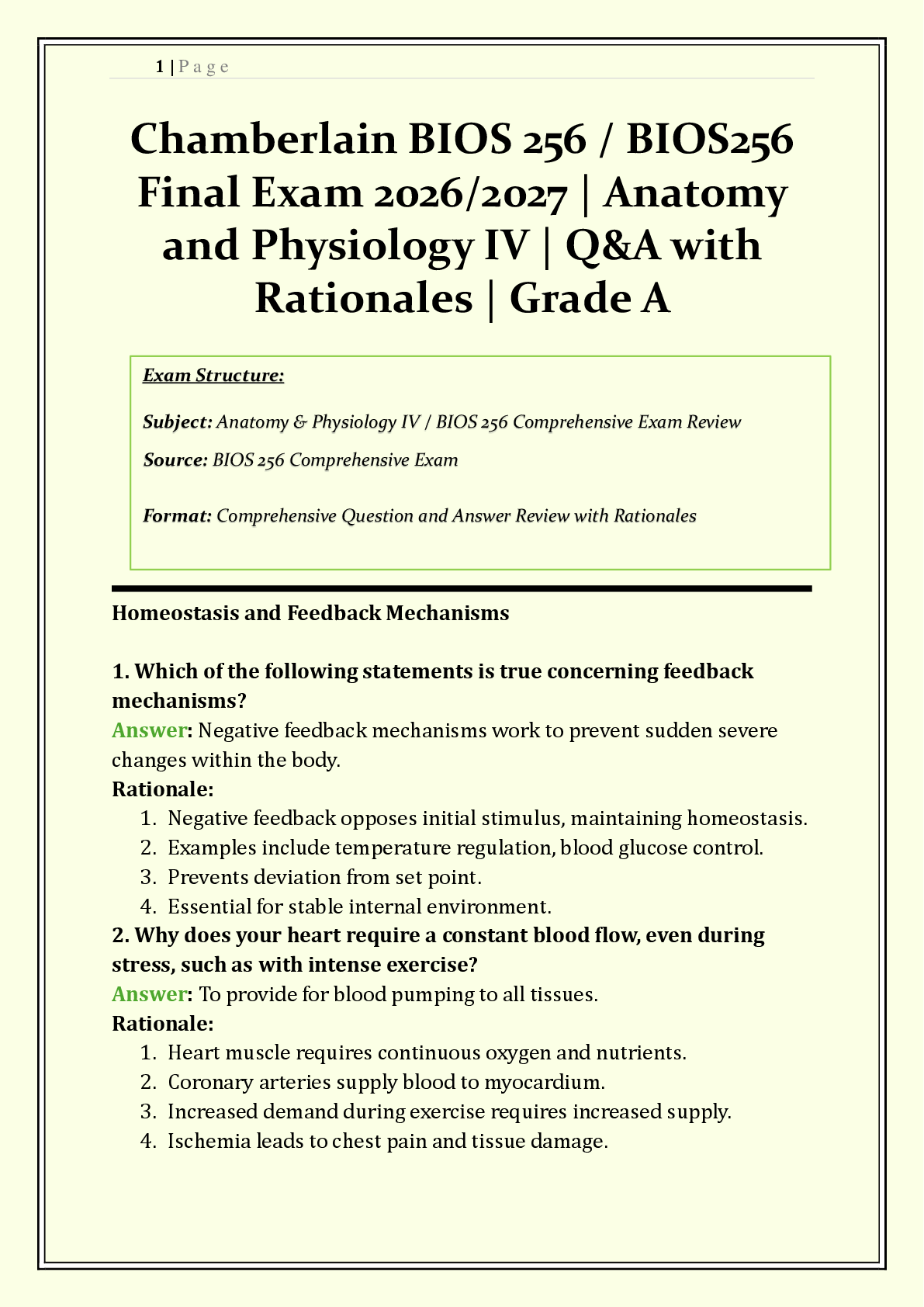 Recommended document preview for BIOS 256 / BIOS256 Final Exam Chamberlain  | 2026/2027 | Anatomy and Physiology IV with Lab | Q & A with Rationales | Digestive System, Urinary System, Metabolism, Electrolyte Balance | Verified Solutions