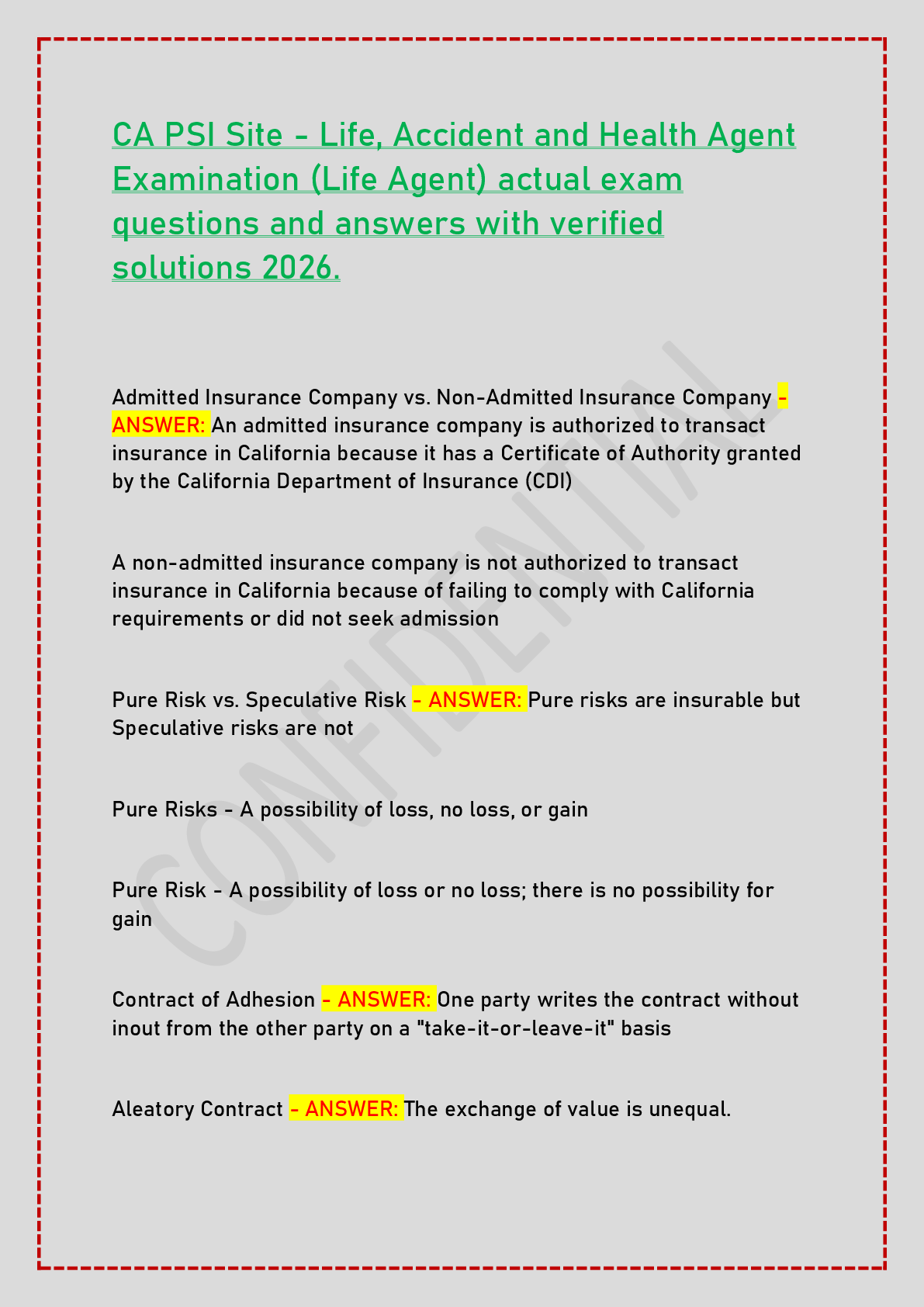 CA PSI Site - Life, Accident and Health Agent Examination (Life Agent) actual exam questions and answers with verified solutions 2026.