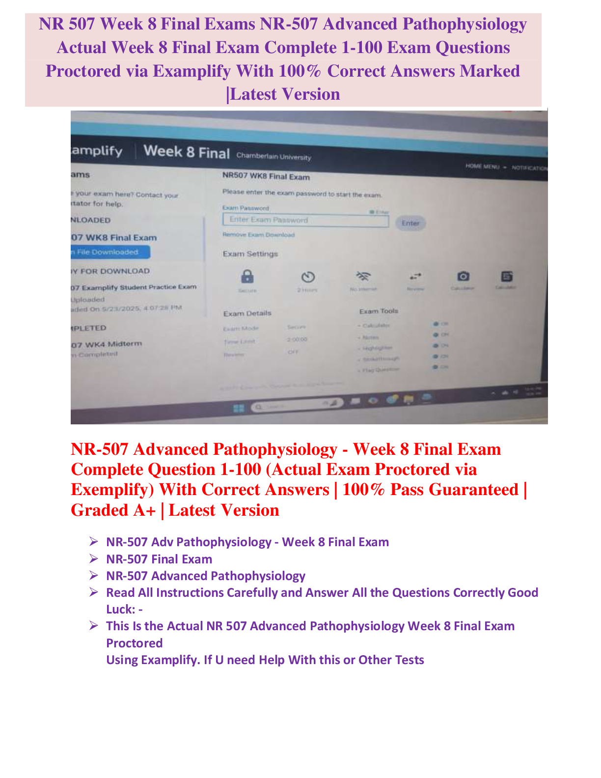 NR 507 Week 8 Final Exams NR-507 Advanced Pathophysiology  Actual Week 8 Final Exam Complete 1-100 Exam Questions  Proctored via Examplify With 100% Correct Answers Marked  |Latest Version