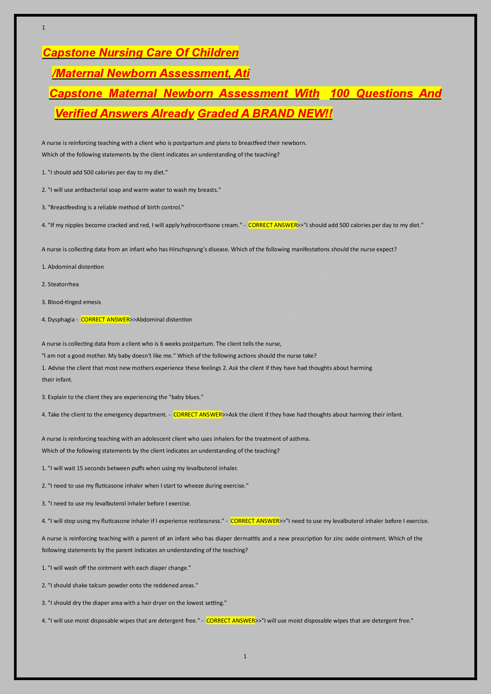 Recommended document preview for Capstone Nursing Care Of Children /Maternal Newborn Assessment, Ati Capstone Maternal Newborn Assessment With 100 Questions And Verified Answers Already Graded A BRAND NEW!!