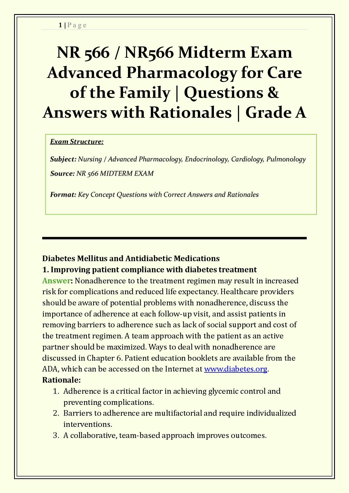 Recommended document preview for NR 566 / NR566 Midterm Exam Chamberlain | 2026/2027 | Advanced Pharmacology for Care of the Family | Q & A with Rationales | Drug Classifications, Antimicrobials, Diabetes, Pregnancy | Verified Solutions