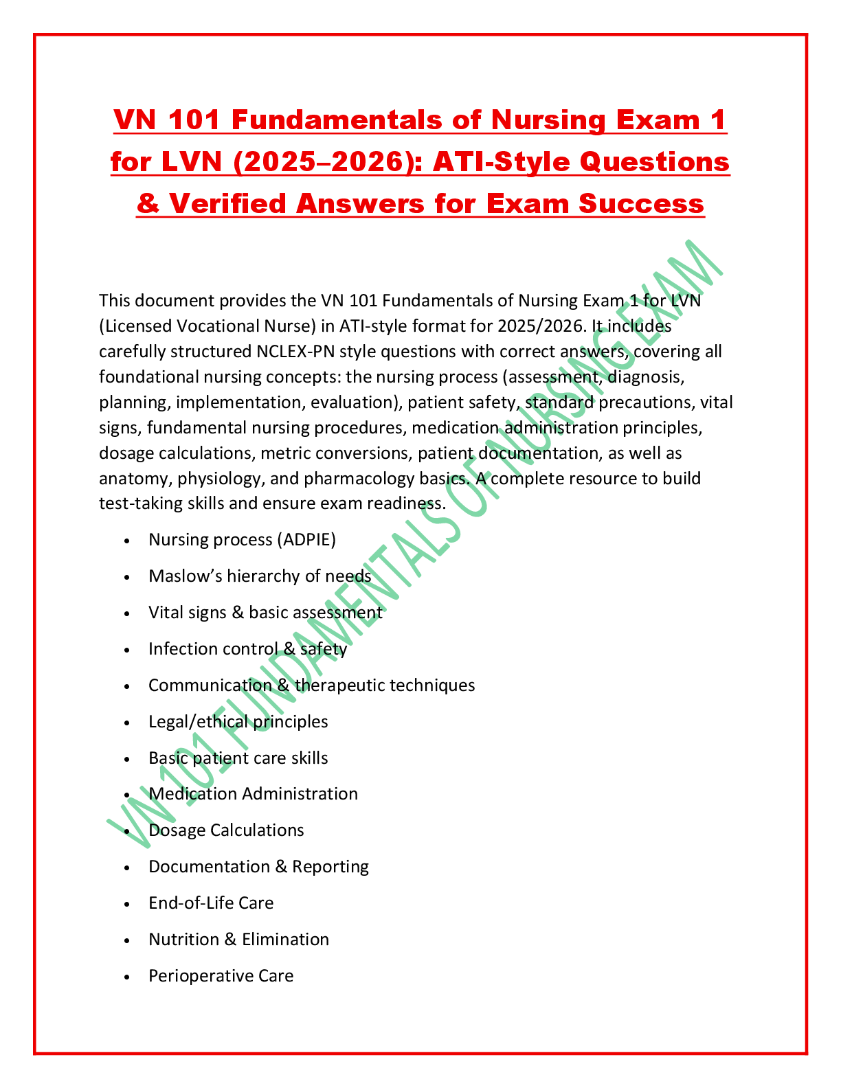 Preview of VN 101 Fundamentals of Nursing Exam 1 for LVN (2025–2026): ATI-Style Questions & Verified