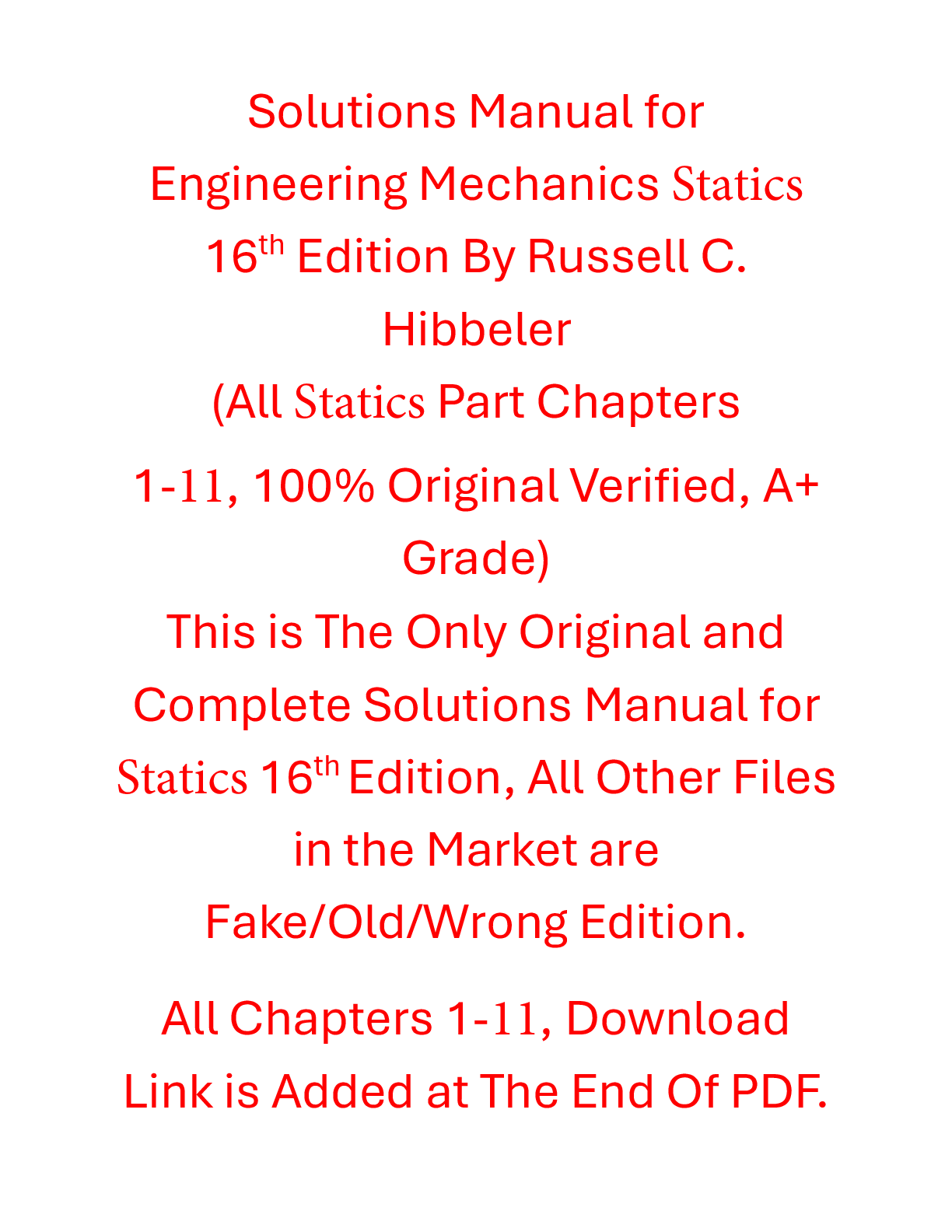 Solutions Manual Engineering Mechanics Statics 16th Edition By Russell C. Hibbeler | Contains Chapters 1-11