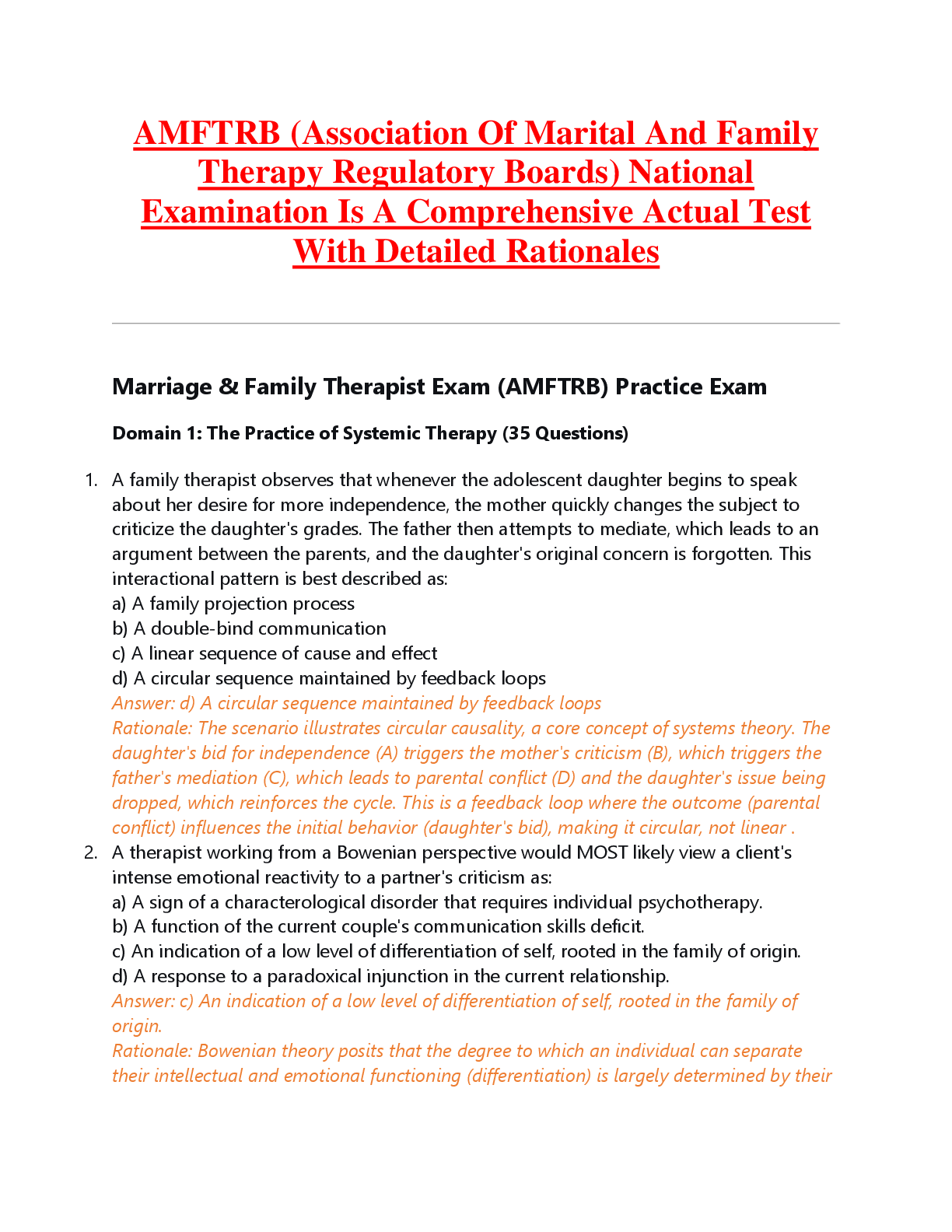 Preview image for AMFTRB (Association Of Marital And Family  Therapy Regulatory Boards) National  Examination Is A Comprehensive Actual Test  With Detailed Rationales