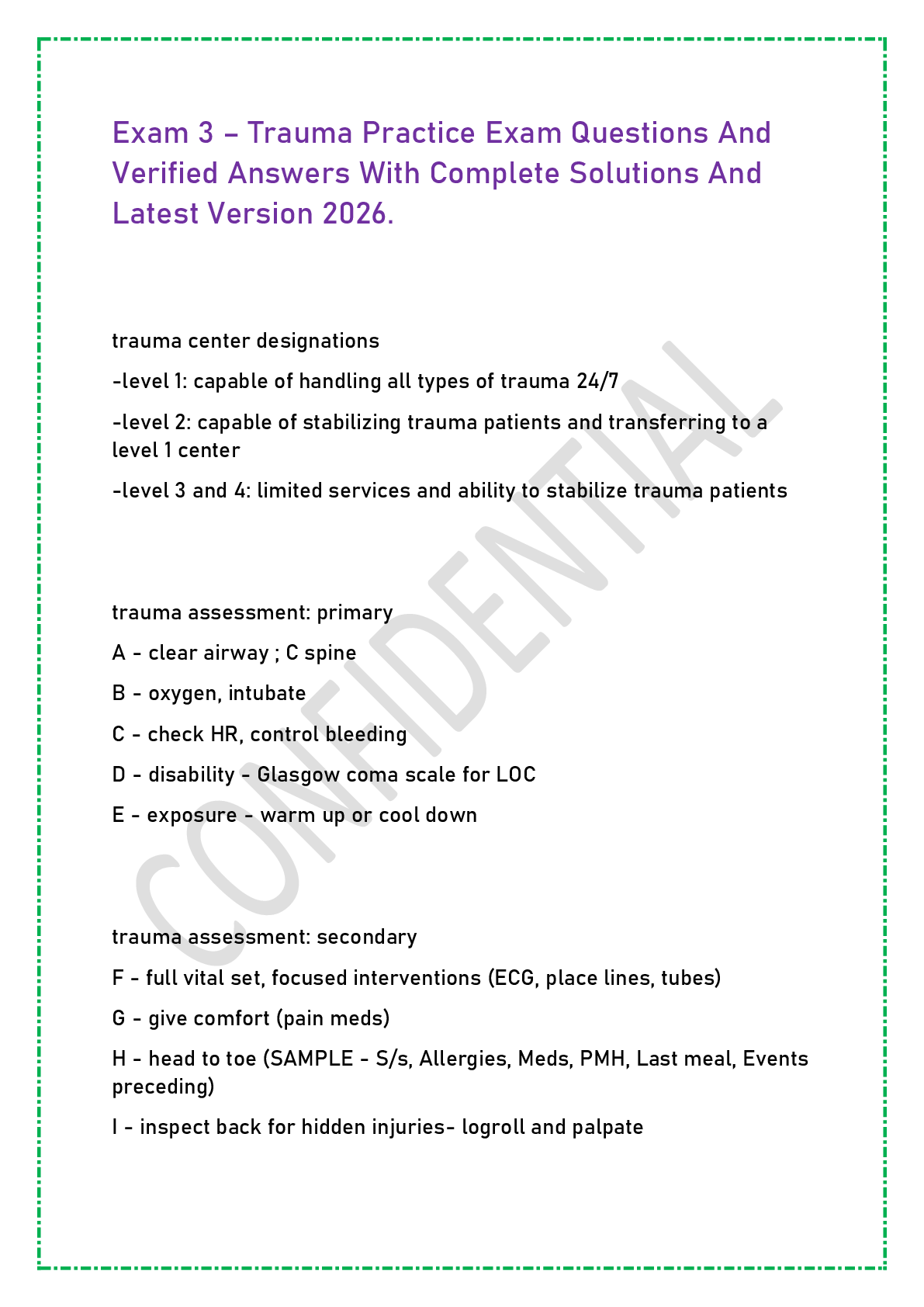 Preview of Exam 3 – Trauma Practice Exam Questions And Verified Answers With Complete Solutions And Latest Version 2026.
