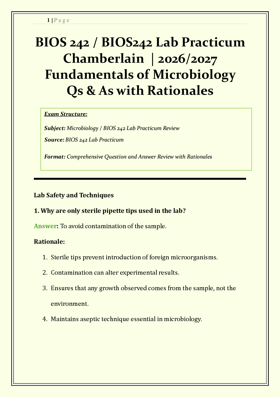Recommended document preview for BIOS 242 / BIOS242 Lab Practicum Chamberlain  | 2026/2027 | Fundamentals of Microbiology | Q & A with Rationales | Microscopy, Staining, Media & Biochemical Tests | Verified Solutions