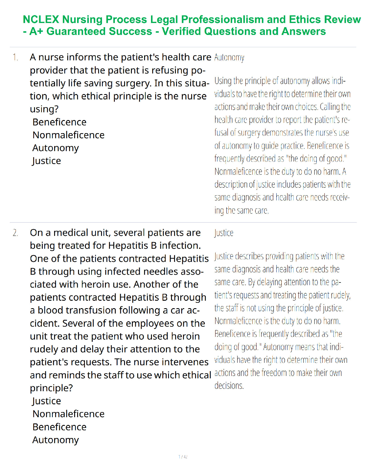 Preview of NCLEX Nursing Process Legal Professionalism and Ethics Review - A+ Guaranteed Success - Ve