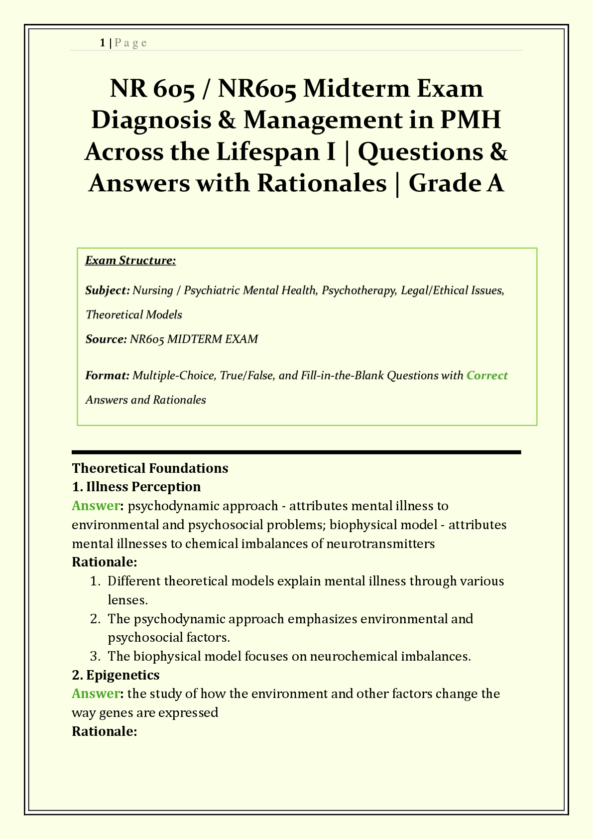 Recommended document preview for NR 605 / NR605 Midterm Exam Chamberlain | 2026/2027 | Diagnosis & Management in PMH Across the Lifespan I |  Q & A with Rationales | Psychotherapy, Theoretical Models, Cultural Considerations | Verified Solutions