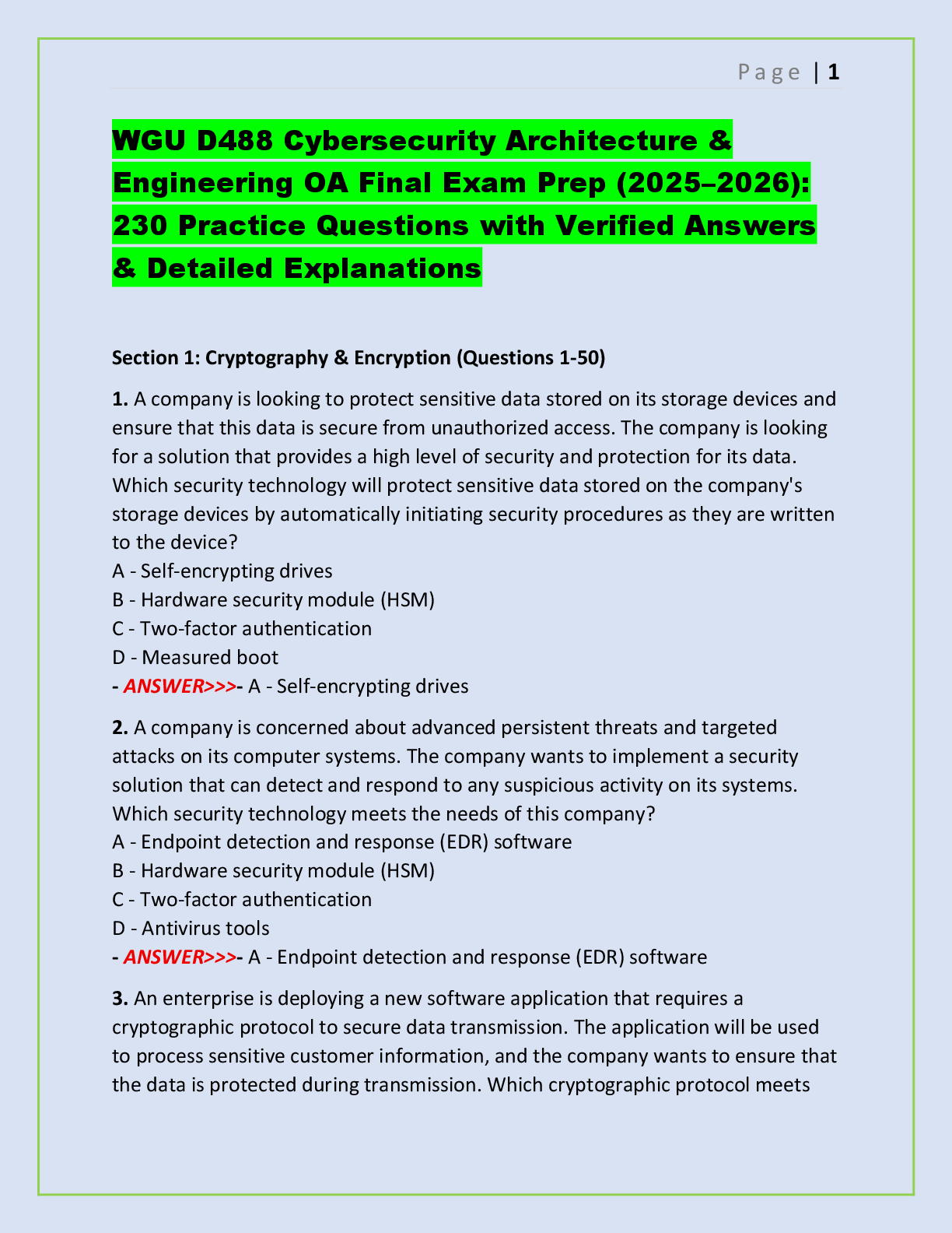 Recommended document preview for WGU D488 Cybersecurity Architecture & Engineering OA Final Exam Prep (2025–2026): 230 Practice Questions with Verified Answers & Detailed Explanations
