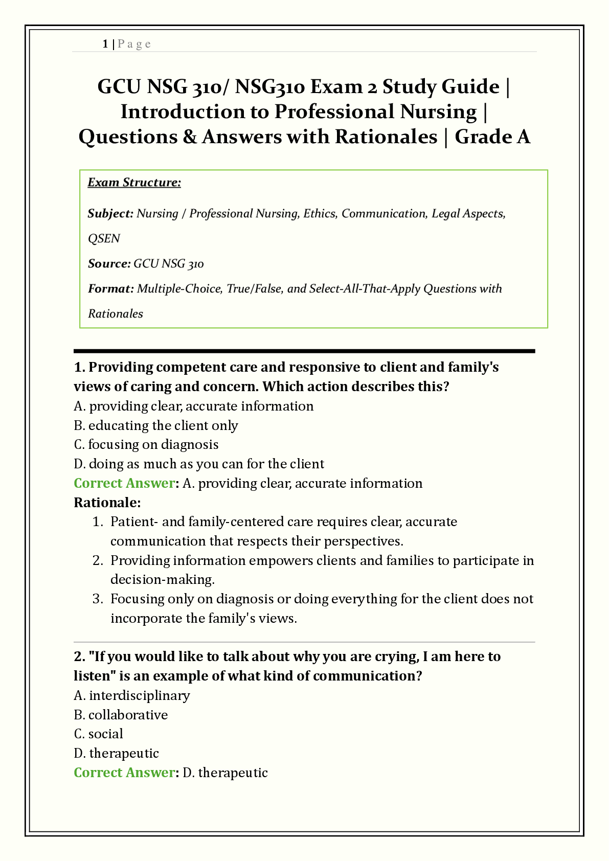 Preview image for GCU NSG 310 / NSG310 Exam 2  | Introduction to Professional Nursing | Q&A with Rationales | Ethical Principles, Legal Framework, HIPAA, QSEN | Verified Solutions