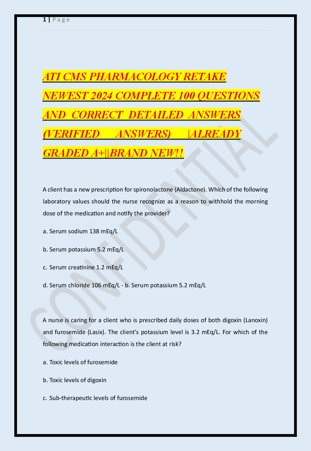 Recommended document preview for ATI CMS PHARMACOLOGY RETAKE NEWEST 2024 COMPLETE 100 QUESTIONS AND CORRECT DETAILED ANSWERS (VERIFIED ANSWERS) |ALREADY GRADED A+||BRAND NEW!!