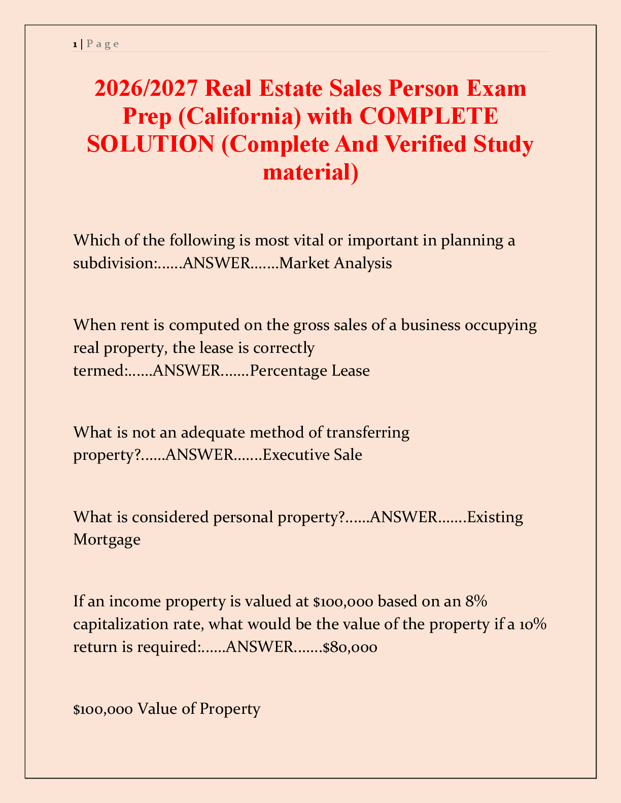 Recommended document preview for California Real Estate Salesperson Exam Prep: Complete Study Guide with Questions and Answers