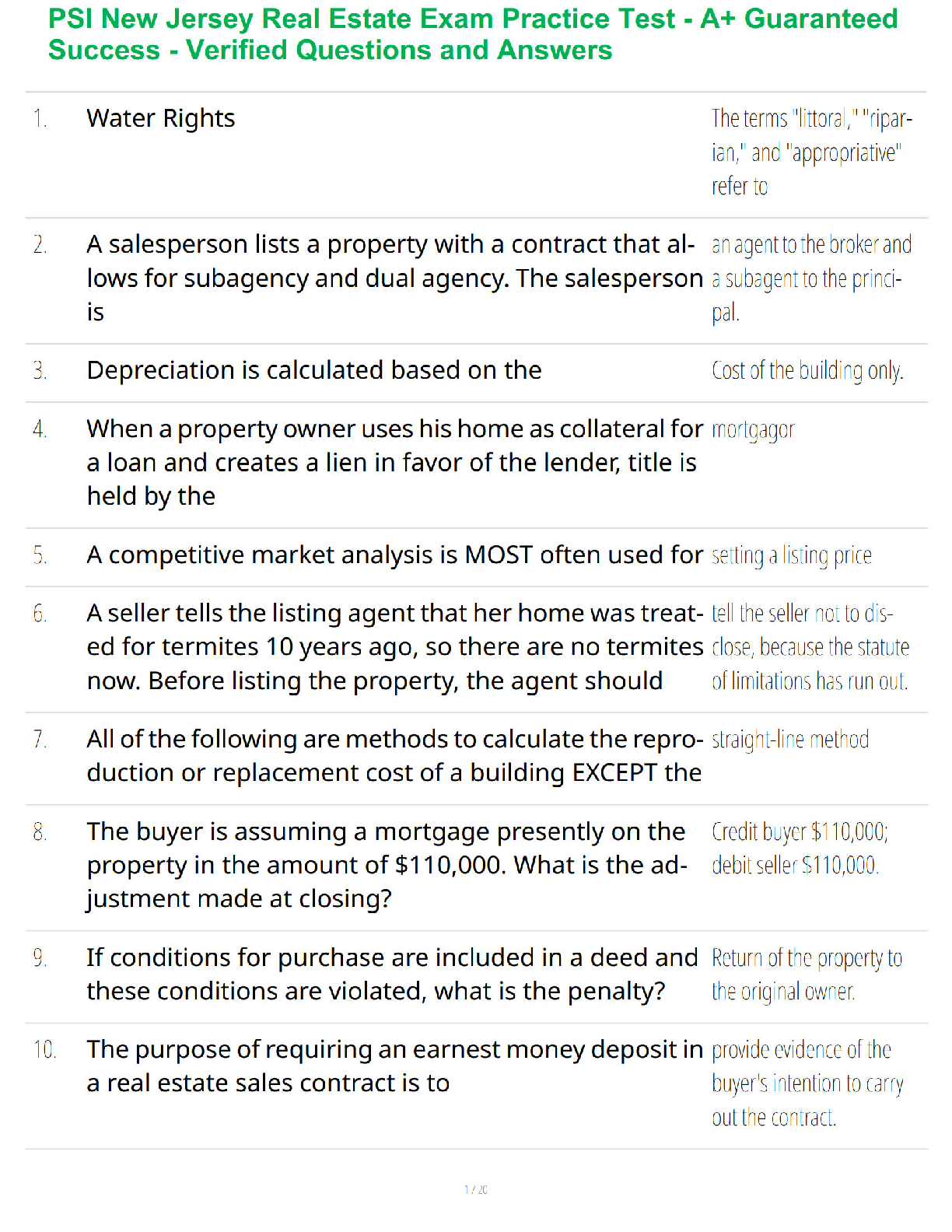 Recommended document preview for PSI New Jersey Real Estate Exam Practice Test - A+ Guaranteed Success - Verified Questions and Answers