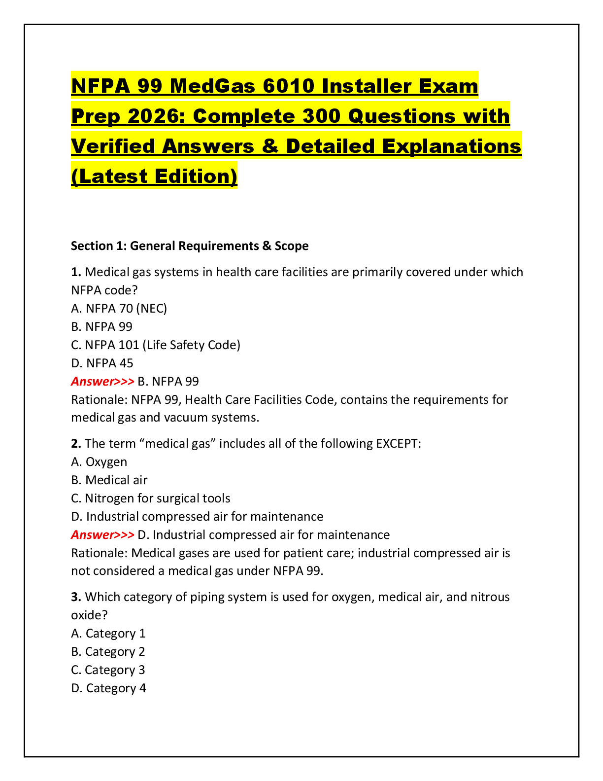 Recommended document preview for NFPA 99 MedGas 6010 Installer Exam Prep 2026: Complete 300 Questions with Verified Answers & Detailed Explanations (Latest Edition)