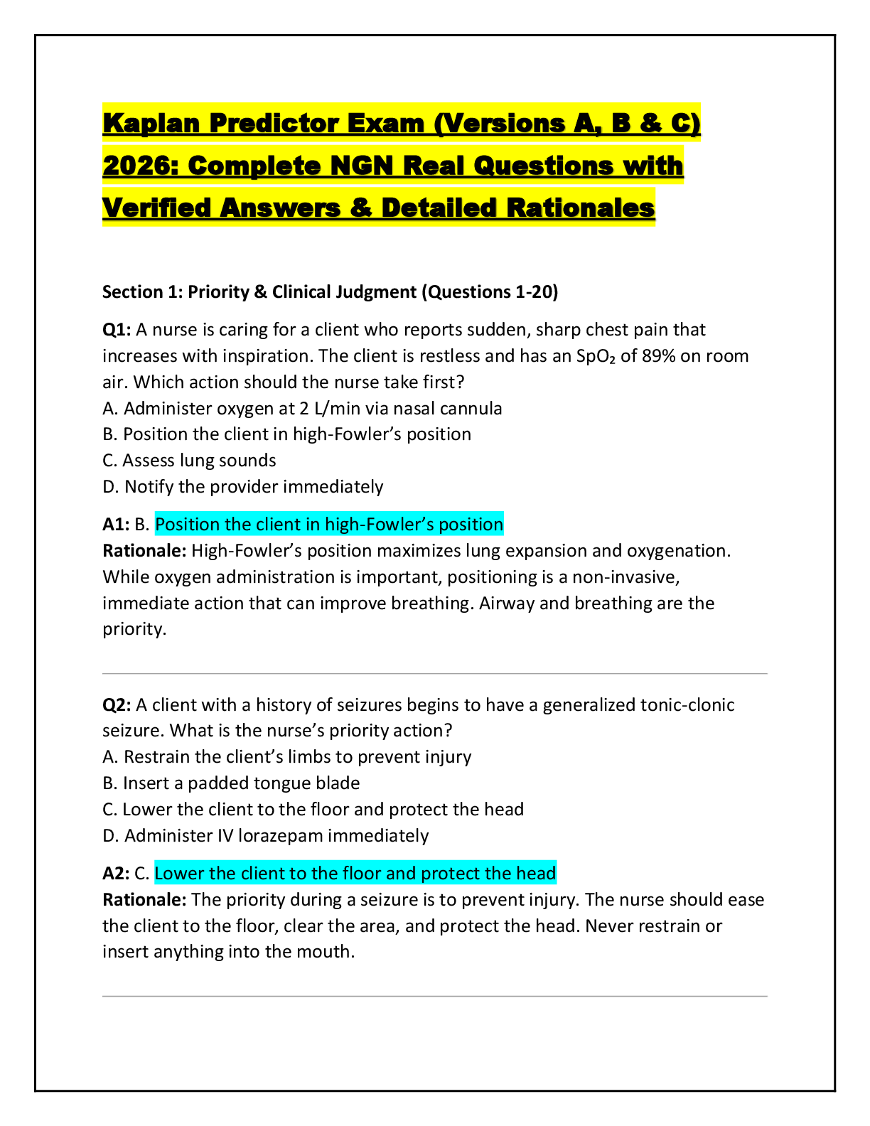 Preview of Kaplan Predictor Exam (Versions A, B &amp; C) 2026: Complete NGN Real Questions with Verified Answers &amp; Detailed Rationales