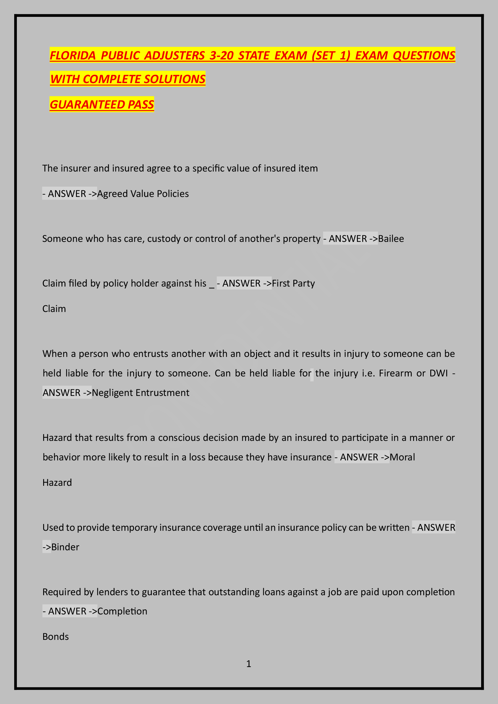 Preview of FLORIDA PUBLIC ADJUSTERS 3-20 STATE EXAM (SET 1) EXAM QUESTIONS WITH COMPLETE SOLUTIONS GU