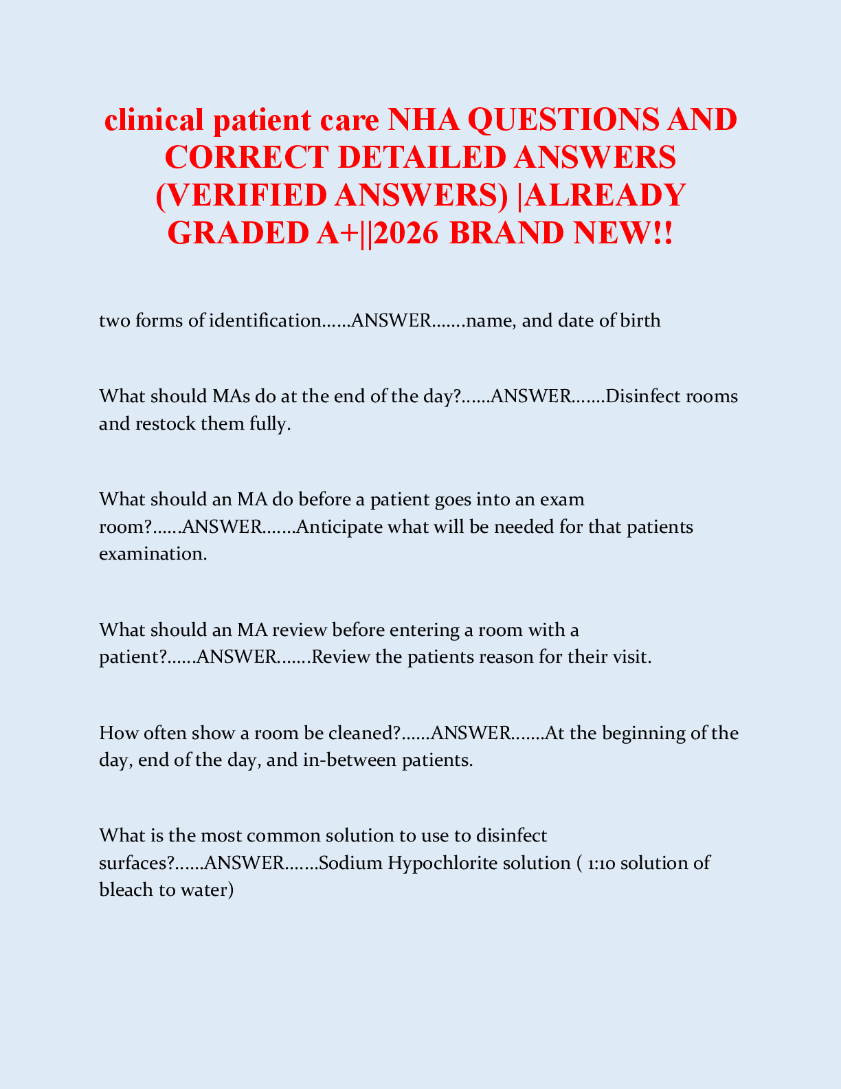 Clinical Patient Care NHA Exam Study Guide: Questions and Verified Answers