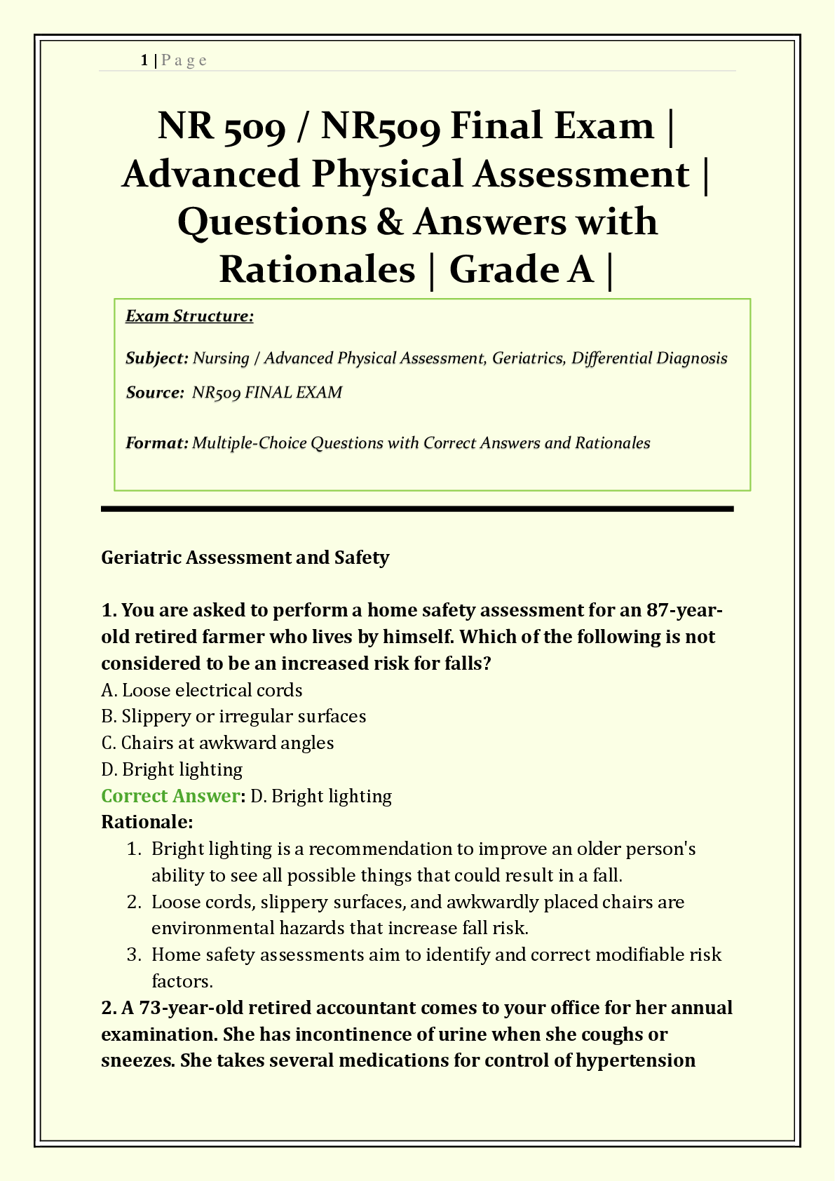 NR 509 / NR509 Final Exam Chamberlain | 2026/2027 | Advanced Physical Assessment |  Q & A with Rationales | Health History, Neurological, Abdominal, Cardiovascular | Verified Solutions